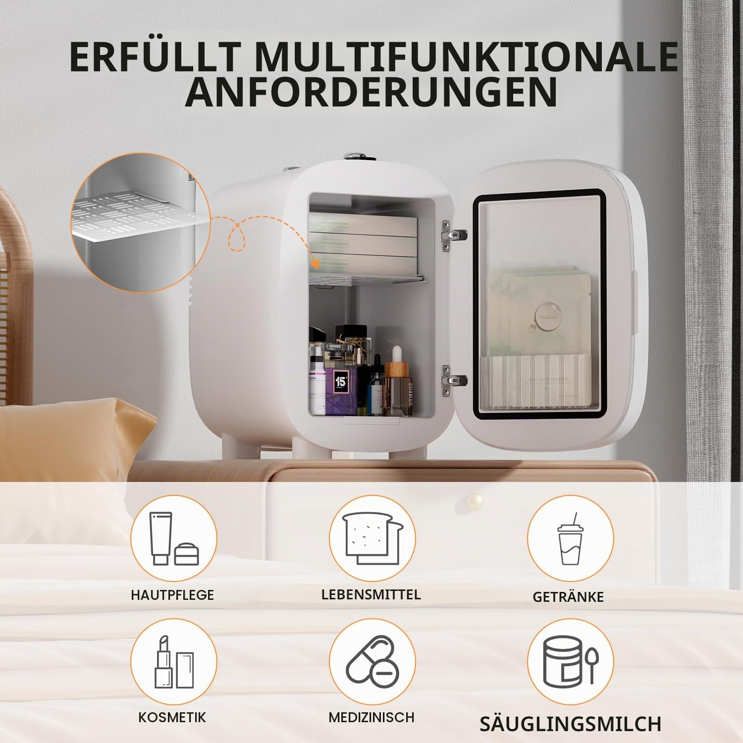 DF01A Mini Kosmetik Kühlschrank, 4L Mini-Kühlschrank mit 3-stufig LED Spiegel, Geräuscharm, Kleiner Hautpflege Kühlschrank mit Kühl- und Heizfunktion, Tragbares Design für Schlafzimmer, Büro und Auto