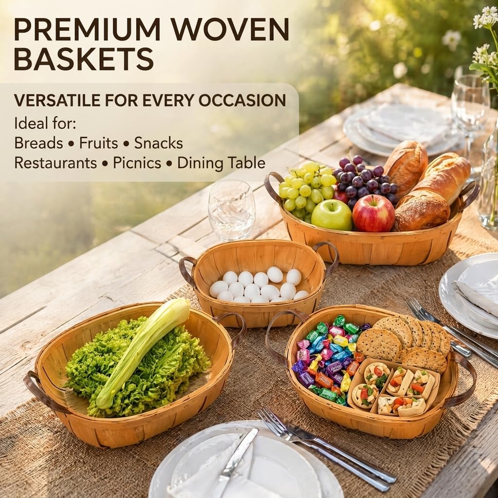Goaste Paquete de 3 cestas de mimbre para pan, cesta de picnic con asas, cesta de cosecha tejida a mano, cestas de almacenamiento rústicas de frutas y verduras para picnic, boda, regalo (naranja, 3