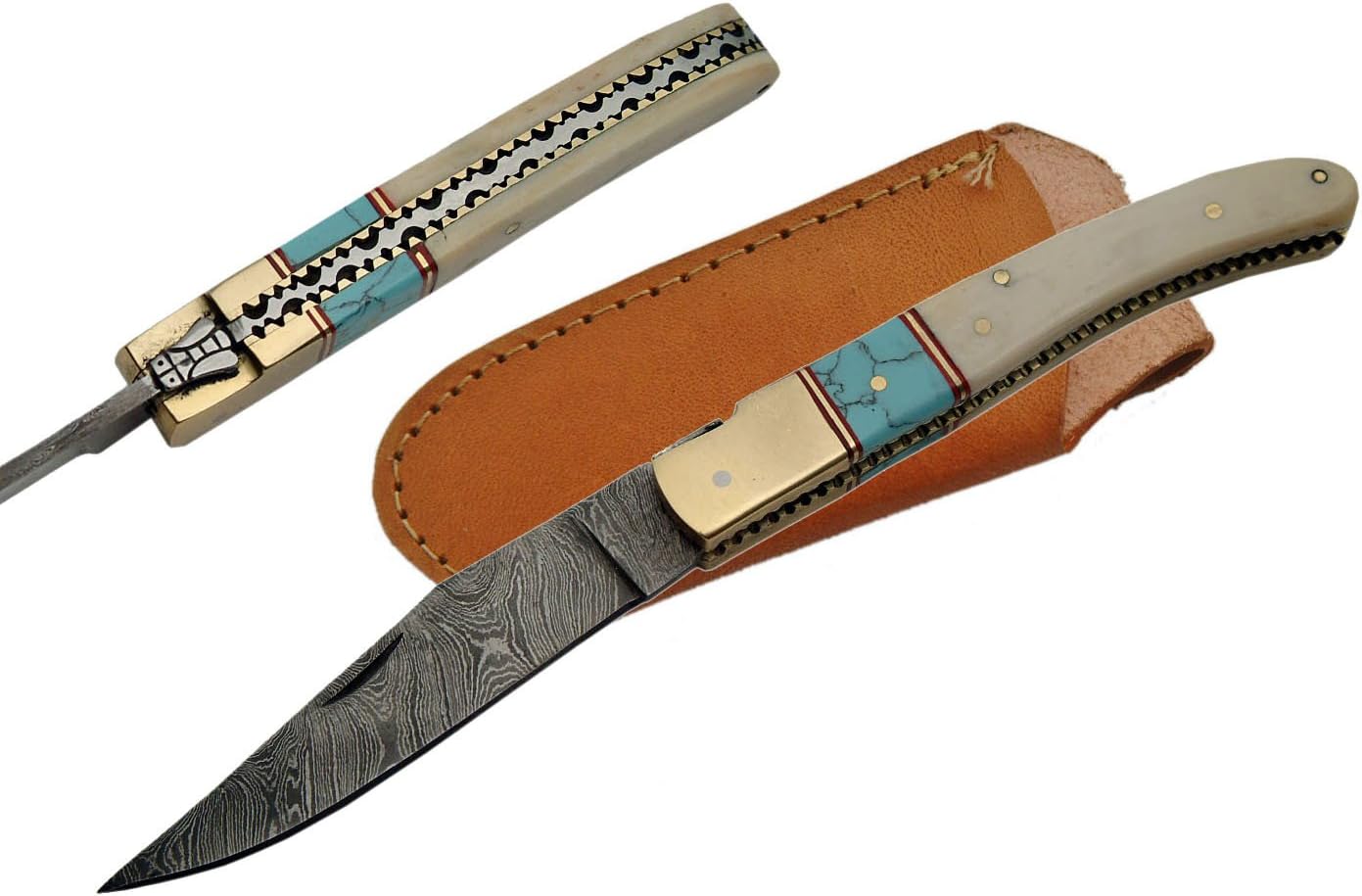 SANZ Handmade Damascus Folding Knife – 4.5" Bone & Turquoise Handle Pocket Knife with 4" Damascus Blade, Brass Bolster, Filework Spine & Leather Sheath – EDC Knife for Camping, Hunting & Collectors – Perfect Pocket Knife for Men & Women