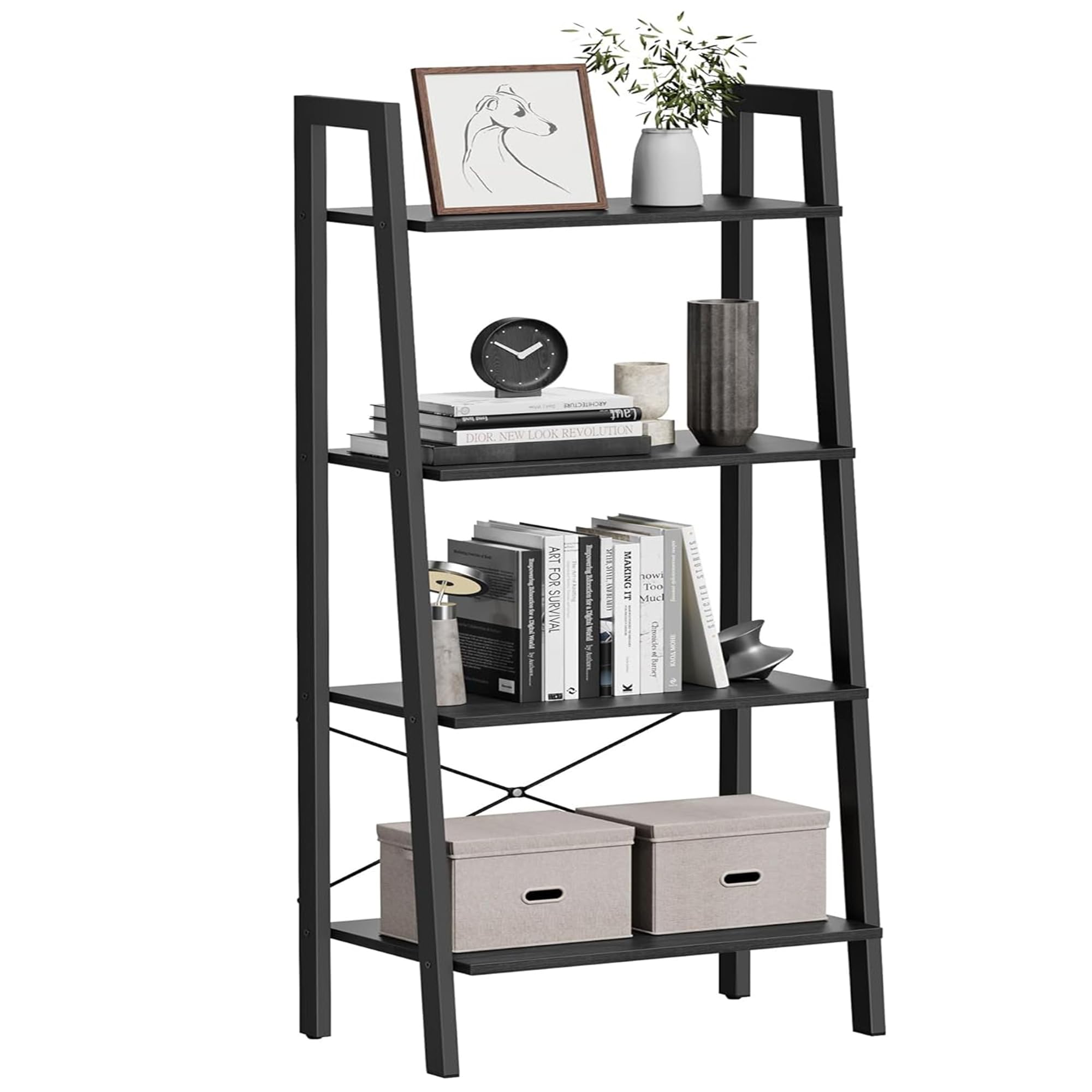 VASAGLE Ladder Shelf, 4-Tier Bookshelf, Storage Rack, Bookcase with Steel Frame, for Living Room, Home Office, Kitchen, Bedroom, Industrial Style, Charcoal Gray and Black ULLS044B04