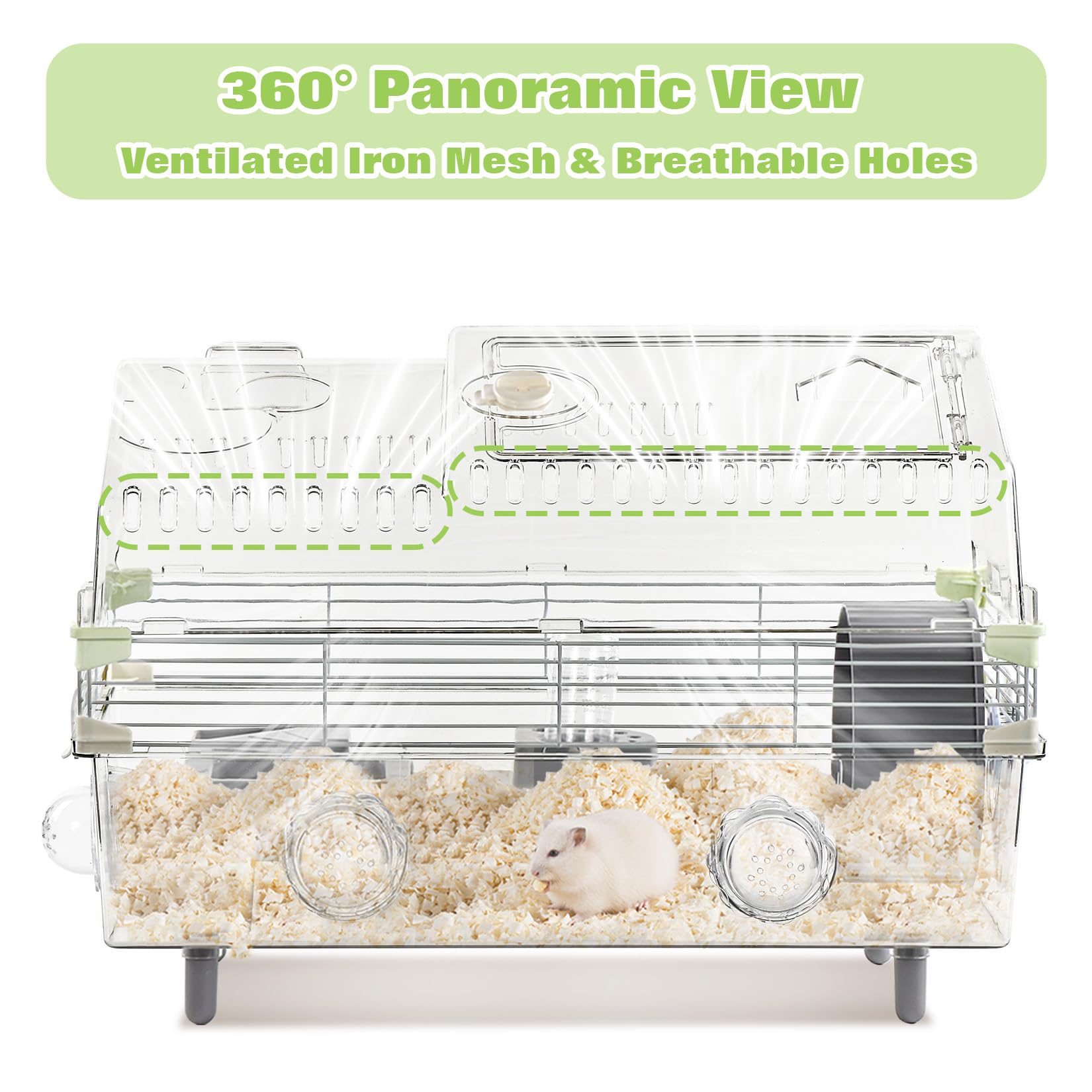Hamsterkäfig-Set, 55,9 cm L x 30,5 cm B x 38,1 cm H, mit Kombination aus Badewanne und Futternapf und Stufen, φ15 Zoll Laufrad, Wasserflasche, Sonnendach, abschließbare Tür, transparent/grau