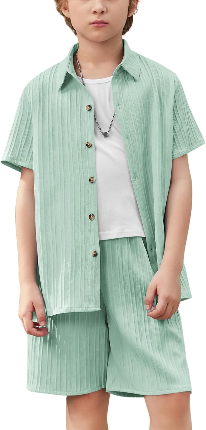 Arshiner Boy's Textured Button Up Shirt and Shorts Set 2 Piece Summer Beach Outfit for 5~12 Years Kids