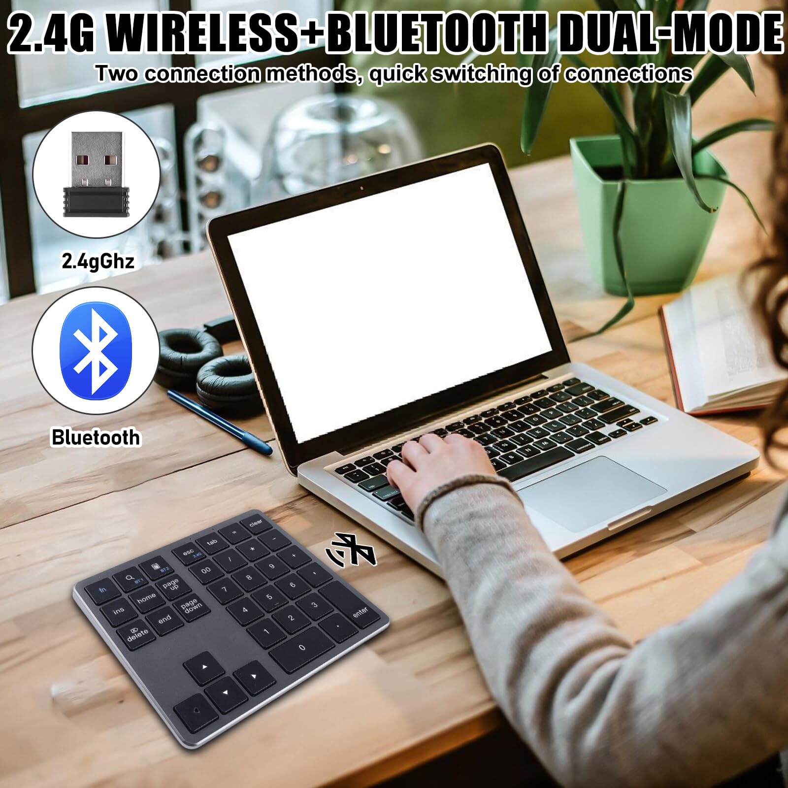 BAIFULAI Tastierino numerico wireless a 35 tasti, tastierino numerico portatile, mini tastierino numerico ricaricabile, senza fili, con USB-C, per la contabilità finanziaria laptop/desktop/notebook