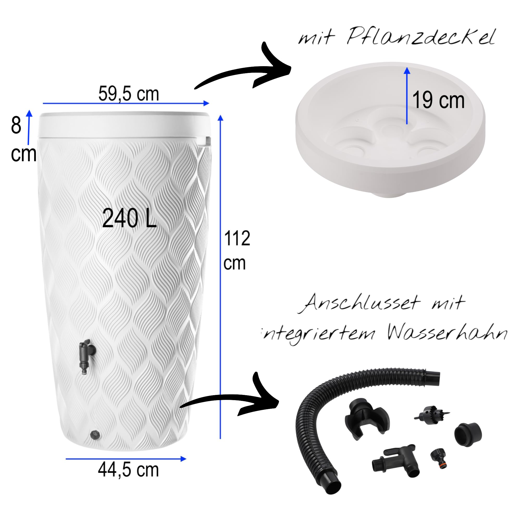 Design Regenwassertank 240L Weiß – Pflanzbar – 112 cm Höhe – Inkl. Fallrohranschluss-Set – Wasserbehälter für Garten – Regentonne Kunststoff (Weiß)