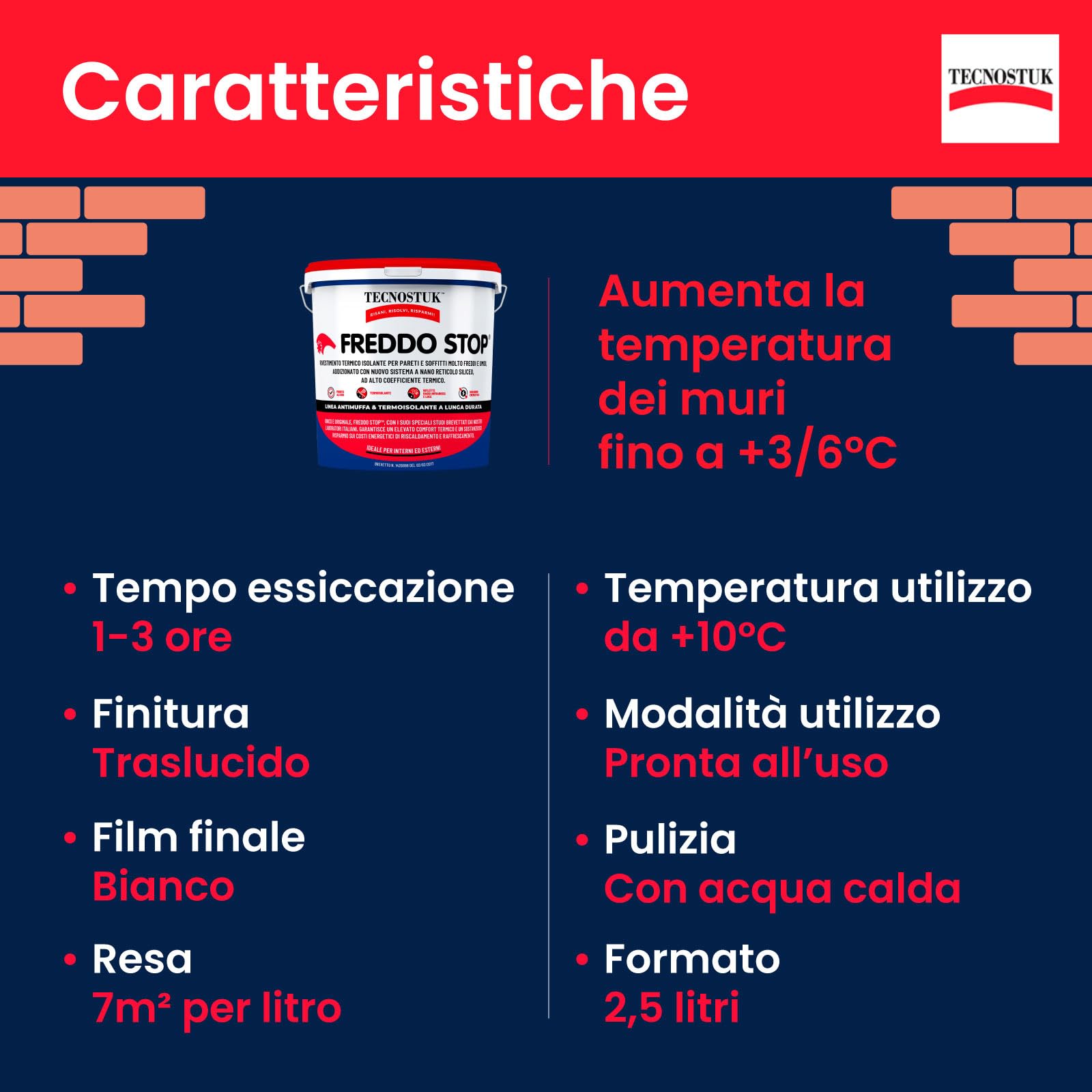 Eurocali Freddo Stop Tecnostuk lt.2,5 Rivestimento Termico Traspirante per Interni ed Esterni Made in Italy - Termoisolante per Muri Molto Freddi Freddostop