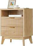 LYNCOHOME 2 Drawer Fluted Nightstand - Wooden Side Table with Open Storage Cabinet & Wood Legs for Bedroom - 1 Pack