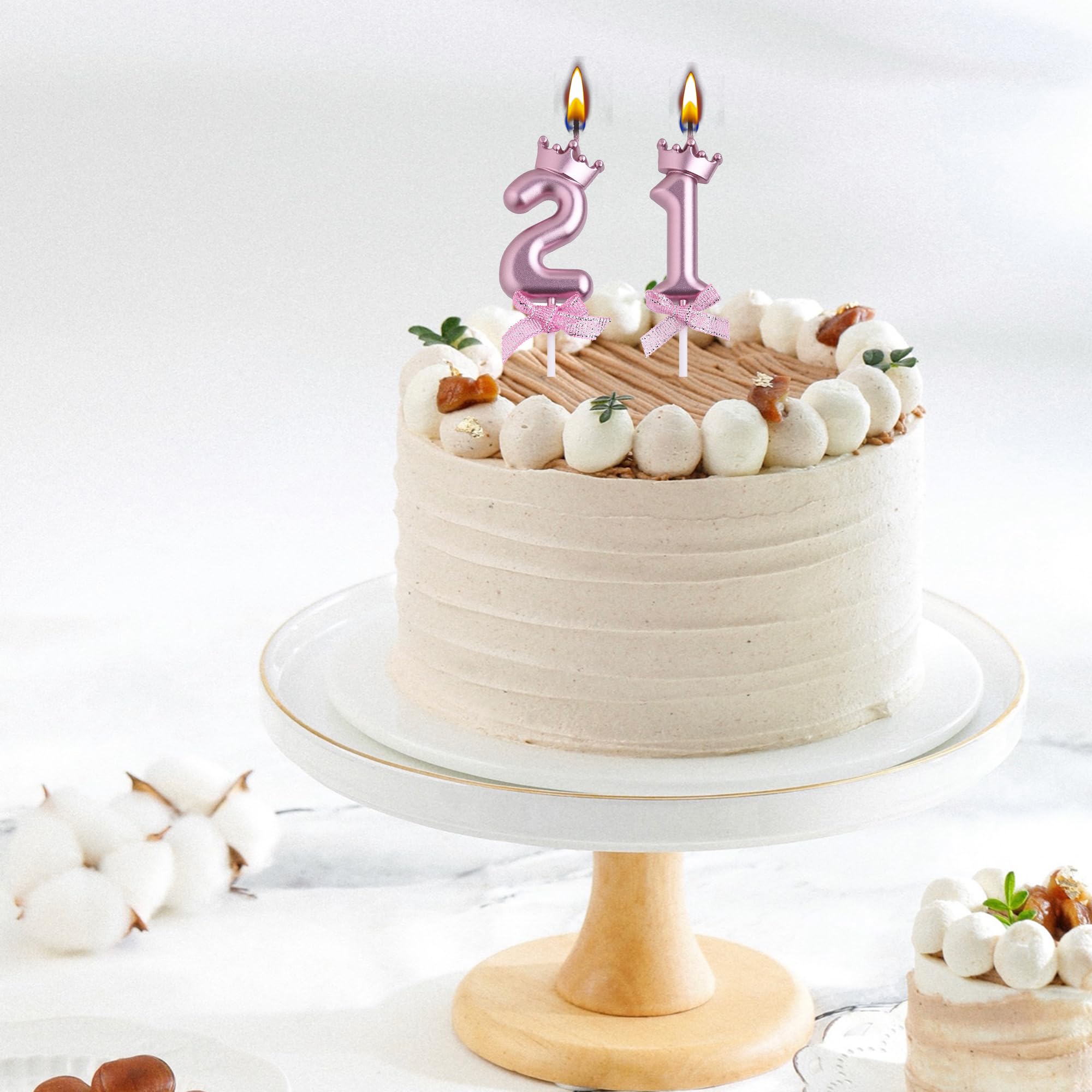 Vela de cumpleaños número 21, velas metálicas sin humo para tarta número 21 | Corona 3D y lazo con purpurina número 21 para decoración de tarta para aniversario, fiesta de cumpleaños