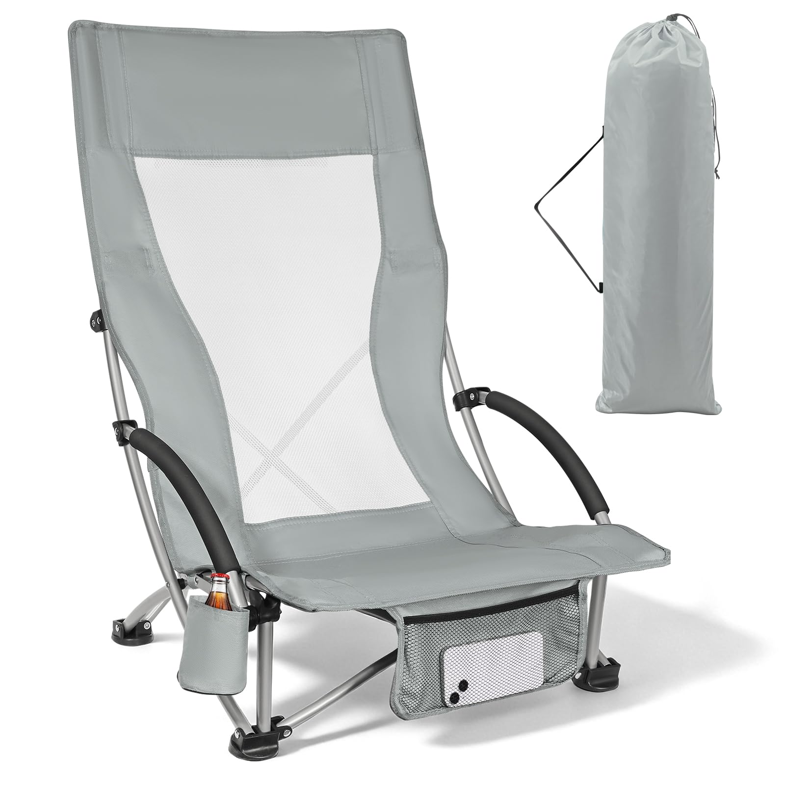 WildFun Folding Beach Chair, Low Lightweight Portable Camping & Fishing Chair with High Backrest, Cupholder, Supports 100KG for Travel, Outdoor, BBQ, Picnic, Festival (1PCS, Light gray)