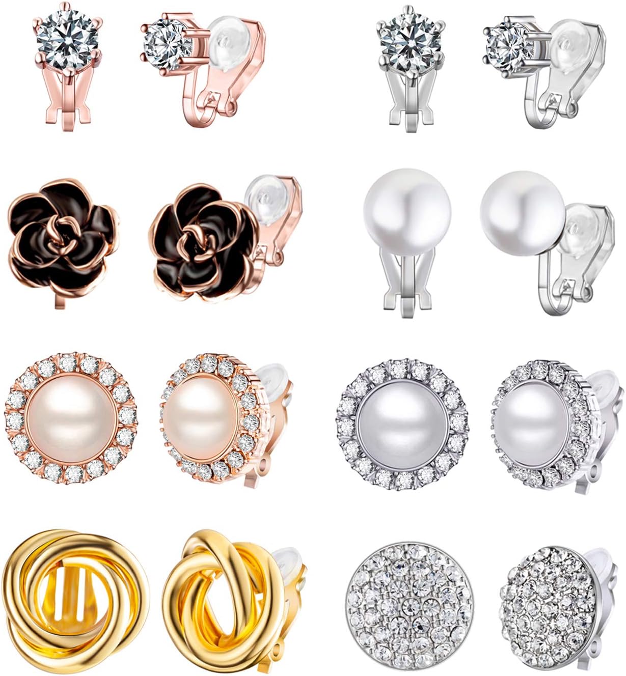 Wremily8 Pairs Clip Earrings Set for Women Rose Flower CZ Simulated Pearl Gold Knot Clip Earrings with Rubber Pads Non Pierced Hypoallergenic Clip on Earrings Jewelry, Metal,