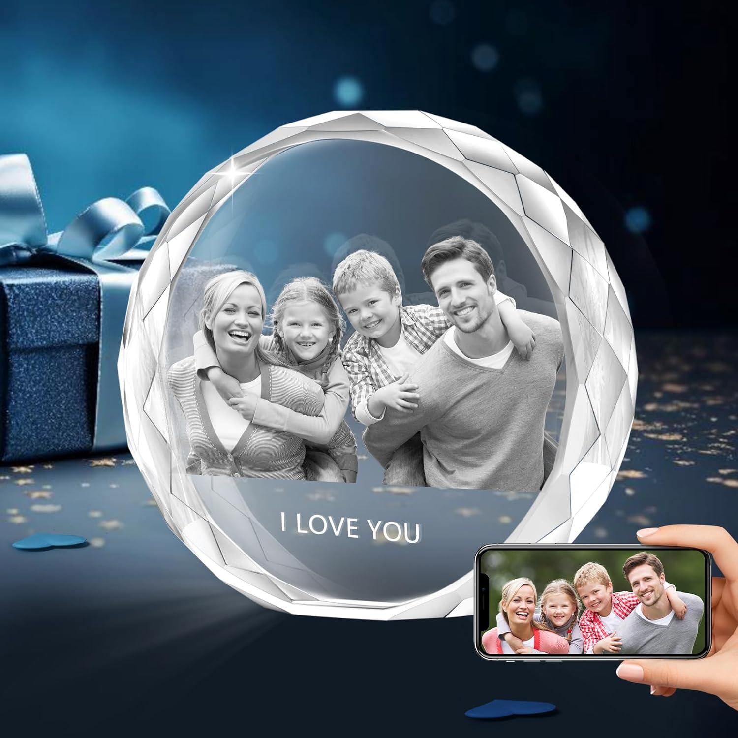 Custom Picture Gift for Men Women: Personalized 3D Crystal Photo Etched Engraved Inside The Round Crystal with Your Own Picture - Birthday Christmas Memorial Gift for Wife Her Him Mom Dad Girlfriend