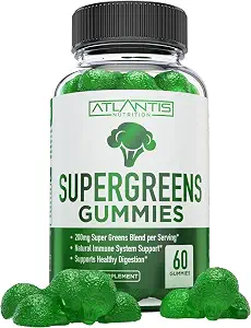 Atlantis Nutrition Supergreens Gummies - Daily Green Superfoods Supplement with Spinach, Broccoli, Moringa, Beet Root, Celery, Green Tea, & Acai for Immunity Support - Natural Raspberry Flavor, 60 count