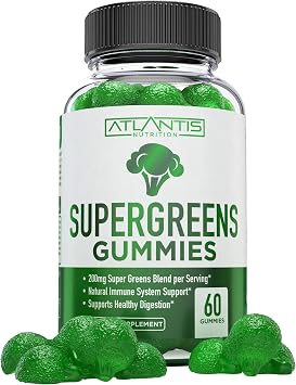 Atlantis Nutrition Supergreens Gummies - Daily Green Superfoods Supplement with Spinach, Broccoli, Moringa, Beet Root, Celery, Green Tea, Acai for Immunity Support - Natural Raspberry Flavor, 60 cnt