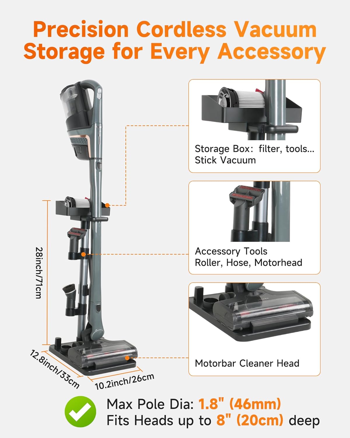 Cordless Vacuum Stand for Stick Vacuum Cleaners, Adjustable Height with 7 Tool Holder and Storage Box, Max 1-4/5 Inch Universal Vac Wand, Black