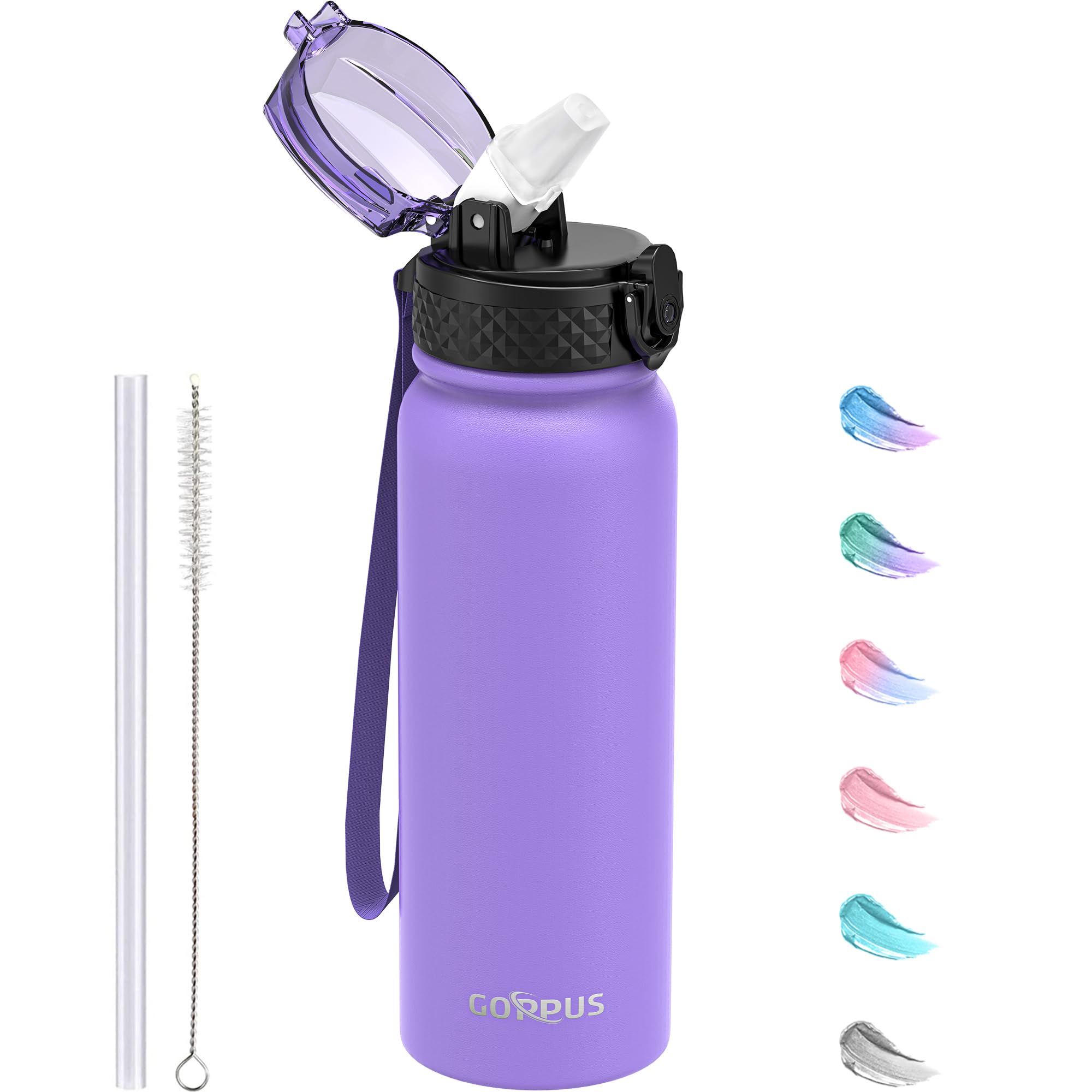 GOPPUS 600ml/20oz Stainless Water Bottle with Straw Double Wall Insulated Bottles with Strap One Hand Open Vacuum Thermal Flask Leakproof Keep Cold Bottles with Flip Top Lid BPA Free (Purple) — image 1