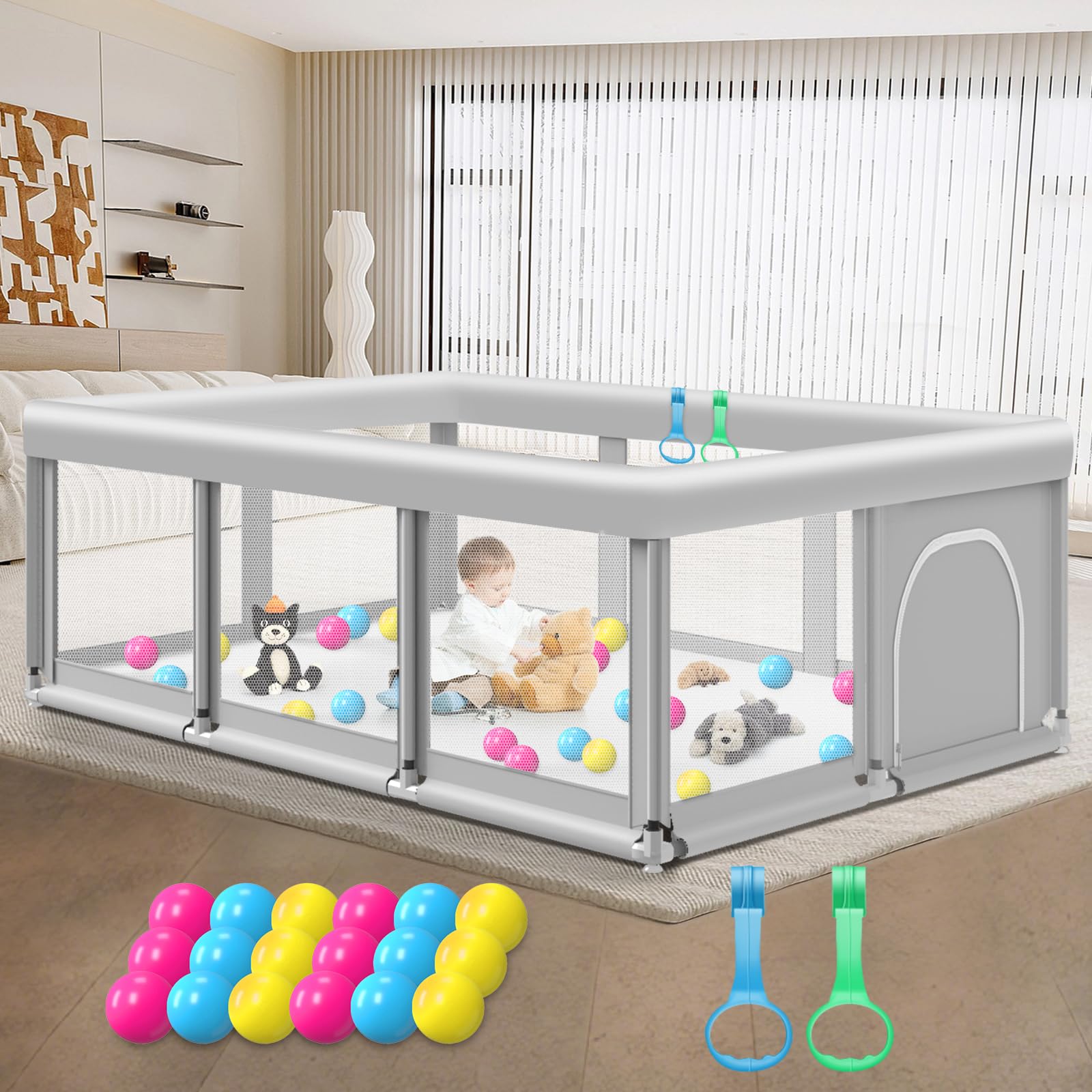 Large Baby Playpen for Babies and Toddlers, Playpen 74×50, Large Baby Play Yards Indoor & Outdoor, Sturdy Safety Baby Play Pen with Soft Breathable Mesh, Toddlers Activity Center with Anti-Slip Base Grey 74×50×27 Inch