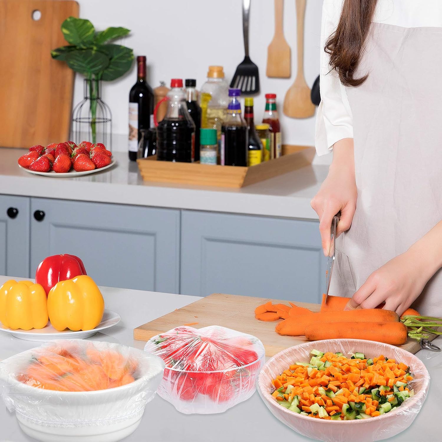 DYM 90PCS Reusable Elastic - Stretch Bowl Covers with Stretch PE Plastic Food Storage Covers Elastic Dish Plate Wrap Bowl Covers for Leftover and Meal Prep (90), (Y11M)