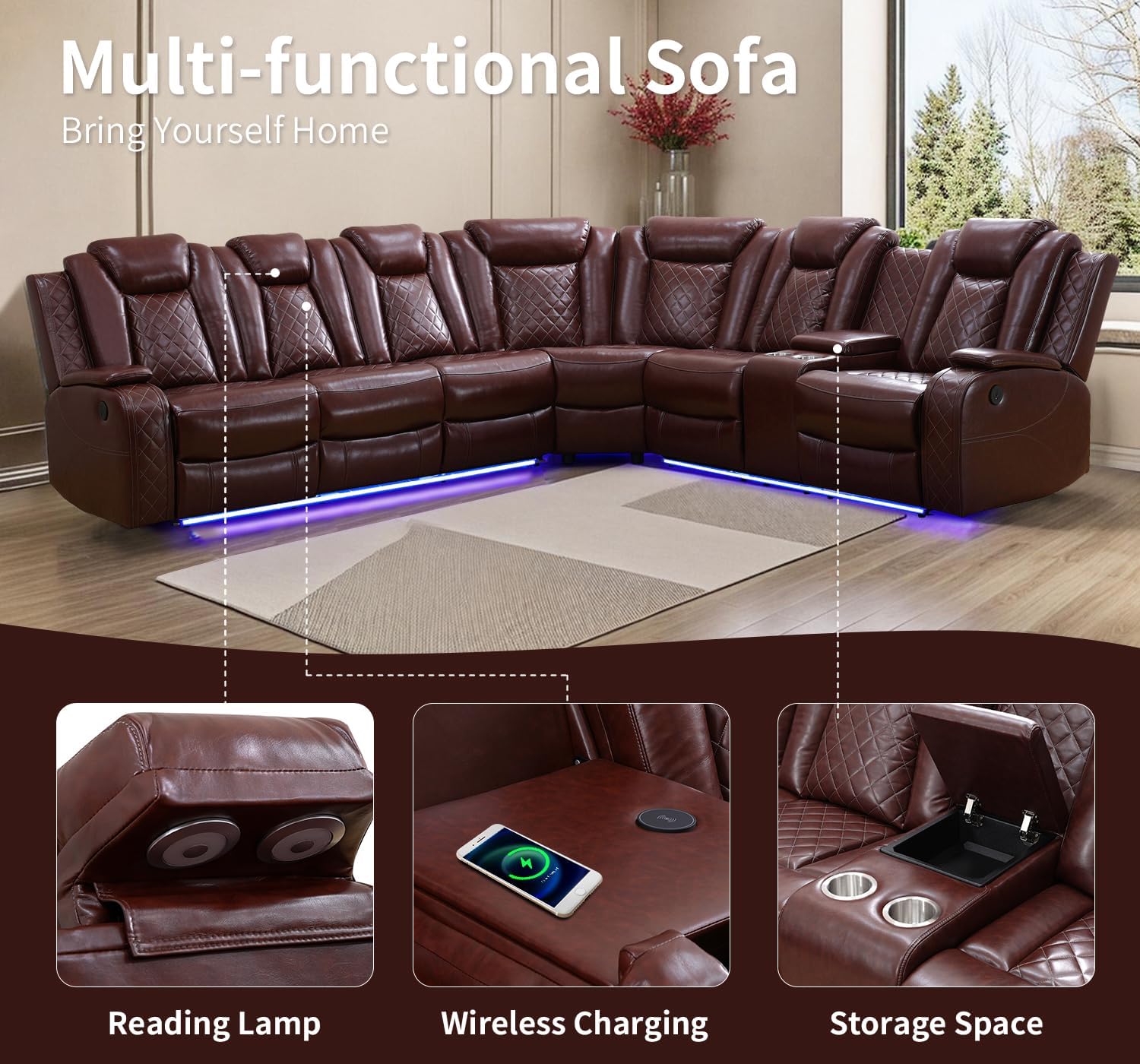 Power Sectional Sofa for Living Room Furniture Sets,Leather Reclining Corner Sectional Sofa with 3 Recliner Seats/LED Light/Cup Holder/Storage Console,Wine