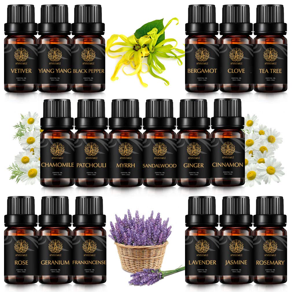 100% Pure Vetiver aceites esenciales set para difusor, aromaterapia aceites esenciales kit para humidificador-18 tipos de mirra, pimienta negra,clavo,árbol de té,sándalo, rosa...aceites esenciales set