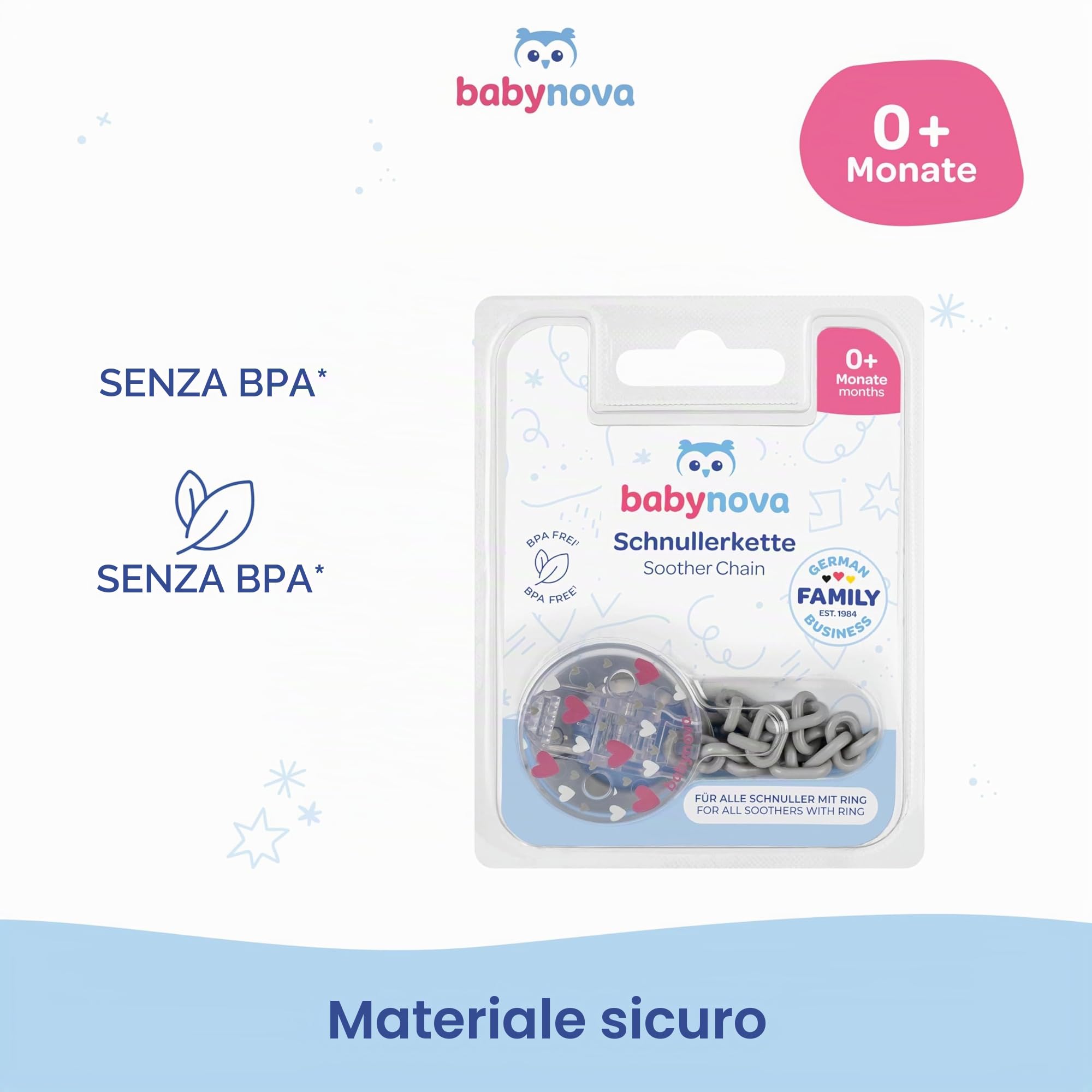 Babynova Catena per Ciuccio con Clip e Anello – Portaciuccio per Bambini – Compatibile con Ciuccio – Accessorio per Passeggino – Senza BPA – Cuori rosa