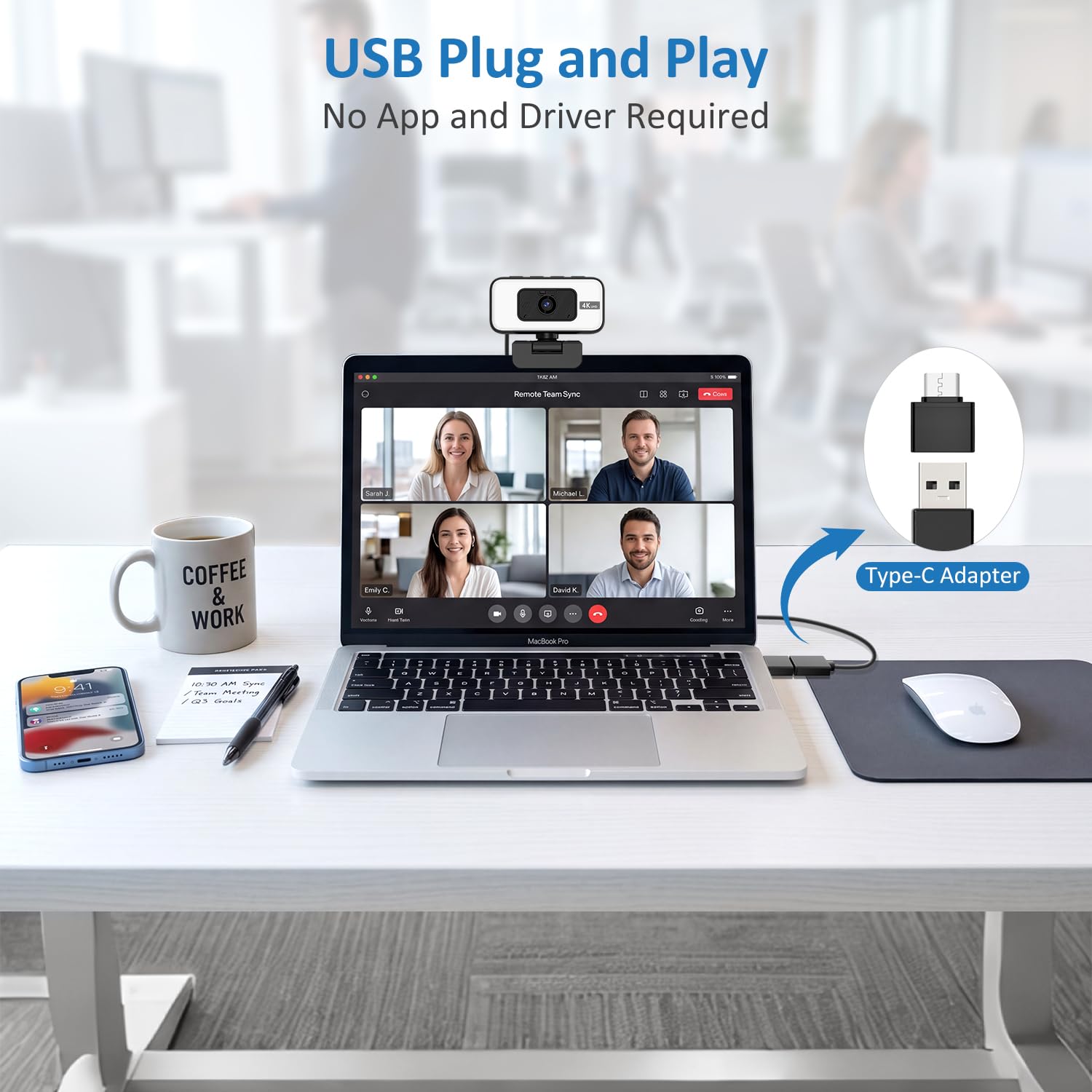 Cámara web 4K con luz y zoom, cámara USB para ordenador con micrófono, cobertura de privacidad y luz antiinterferencias, cámara web 4K UHD de enfoque automático para monitor de ordenador