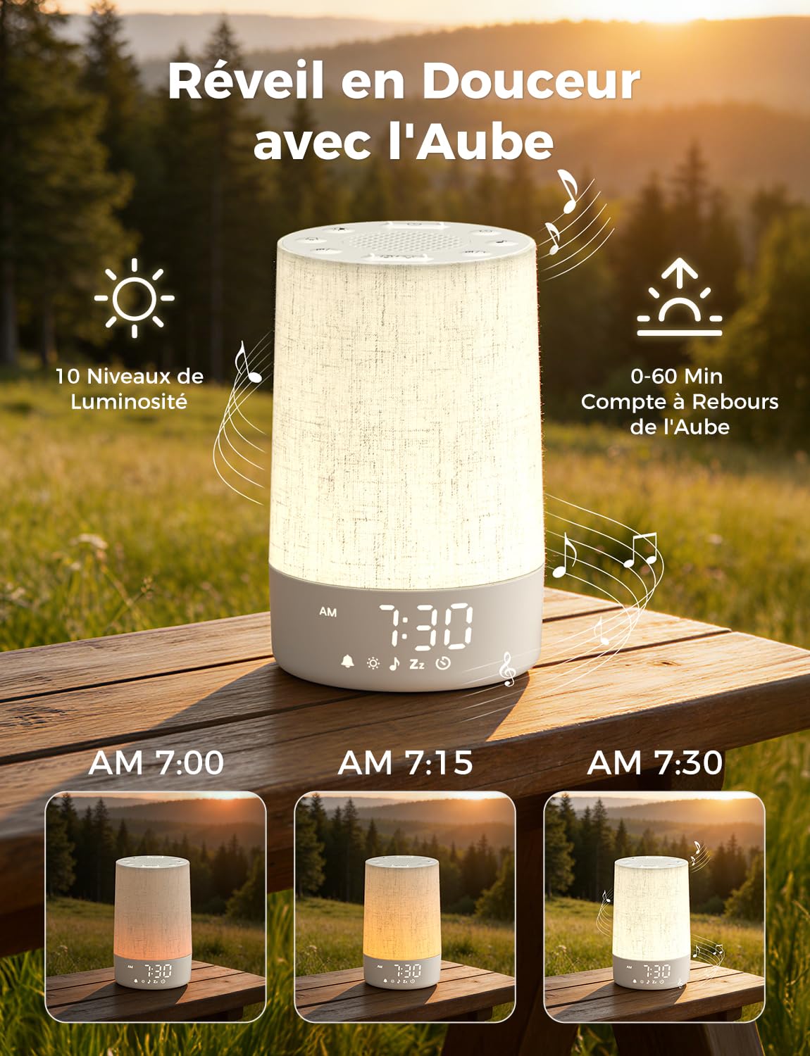 LIORQUE Reveil Simulateur d'Aube, Réveil Lumineux avec 30 Sons Apaisants, Bruit Blanc, 10 Niveaux de Luminosité, 8 Veilleuses et Minuteur de Sommeil - Design en Tissu, Idéal Adultes et Enfants