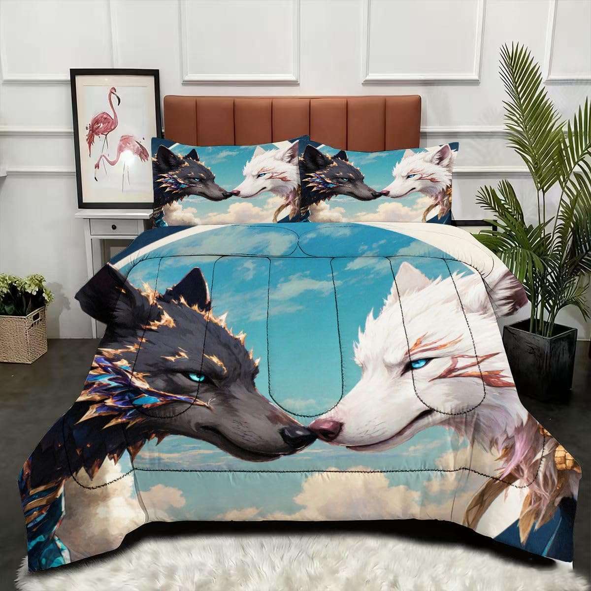 Couette 220 x 240 cm Loup parure de lit 4 saisons réversible sans housse 2 personnes