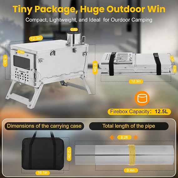 Stainless Steel Portable Folding Wood Burning Stove Ultralight Camping Stove Portable Wood Burning Stove for Tent, 16.6 IN Outdoor Wood Stove with 8.2ft Foldable Chimney
