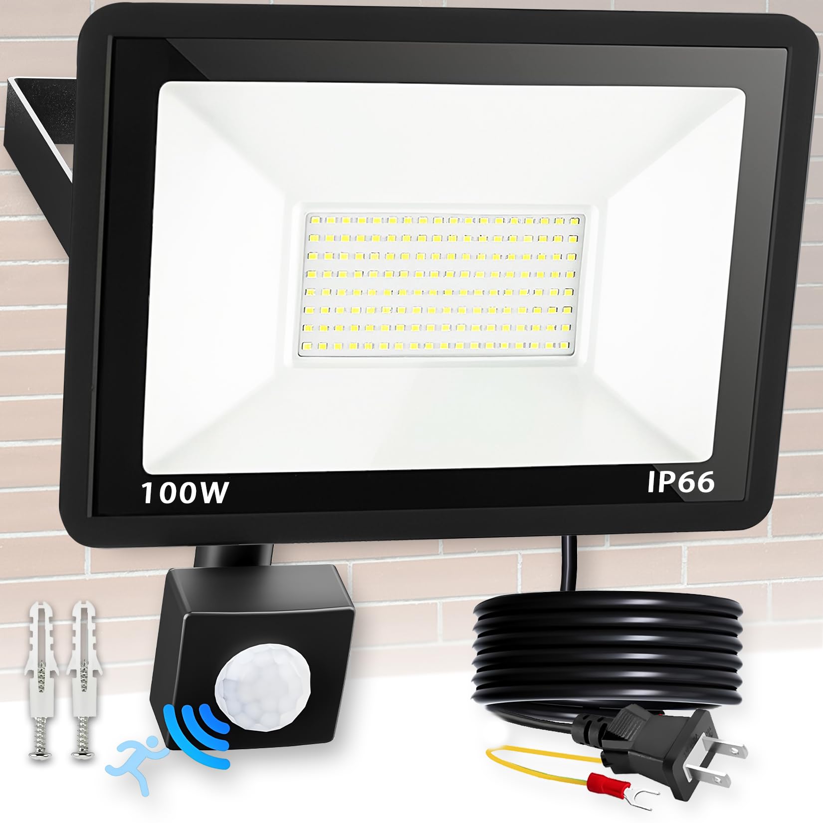 人感センサーライト LEDセンサー投光器 人感ライト 屋外 100W 昼白色 コンセント式 1.5Mコード 屋内/屋外 防水IP66 120°照明 10000LM 高輝度 自動点灯/消灯 2つ照明モード 防犯灯 省エネ 庭 駐車場 玄関 ガレージ