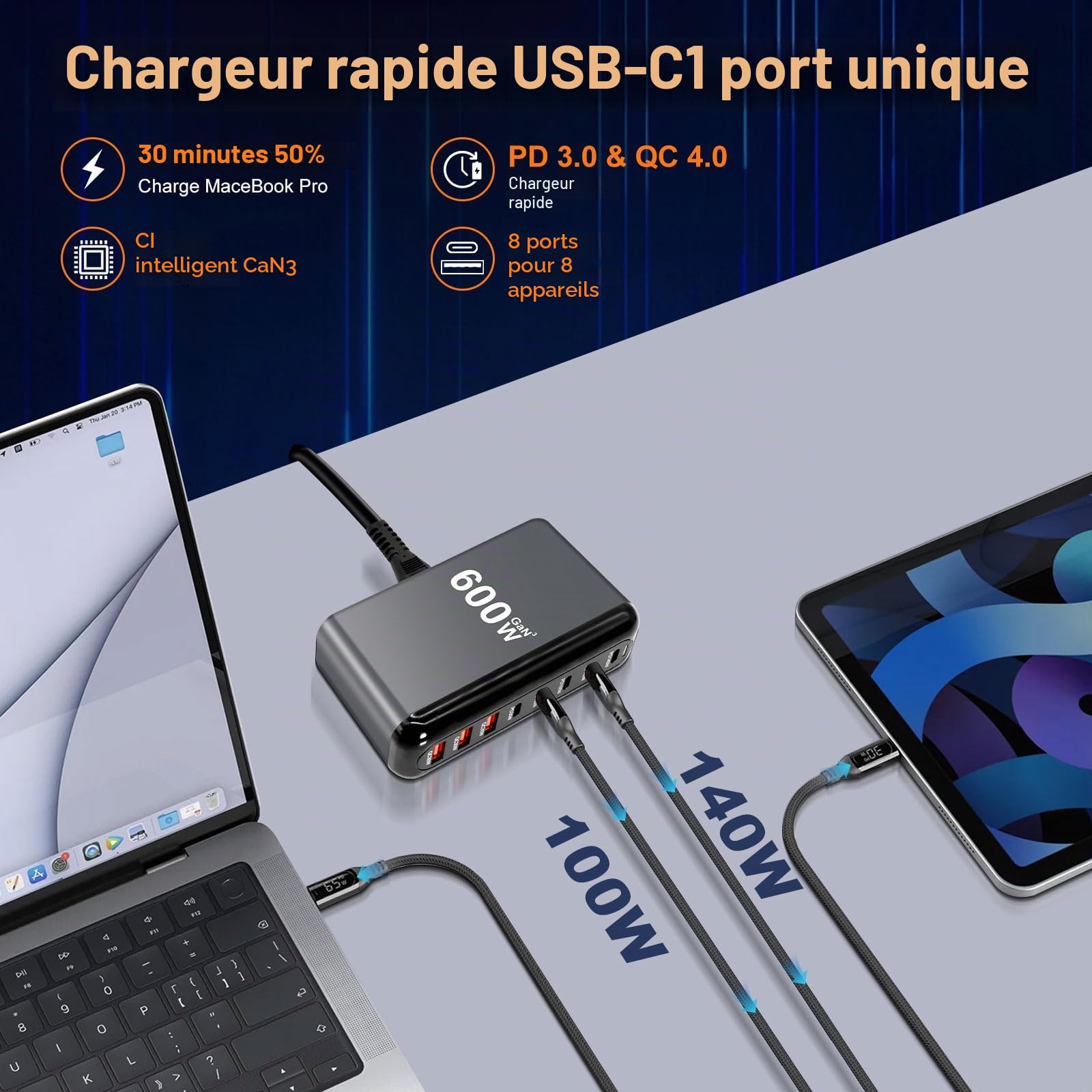 600W USB C Multiple Charger, 8-Port Fast Charging Station with 6 -C and 2 -A PD PPS 100W Power Charger for MacBook Pro/Air, iPad Pro/Air, Sumsung etc-Black