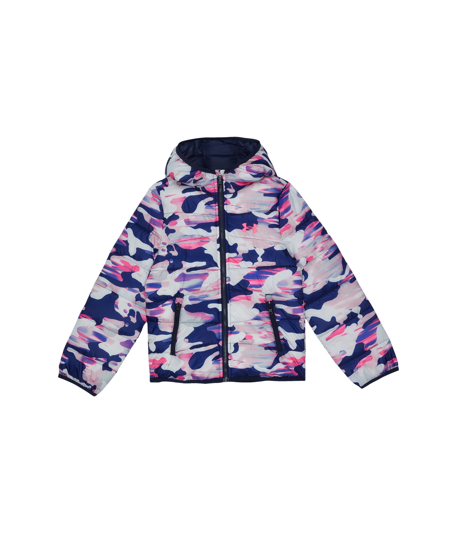 Under Armour girls Prime Puffer, Front Pockets &amp; Hooded Back, Lightweight Water Repellant, Midnight Navy Camo Print, Large US