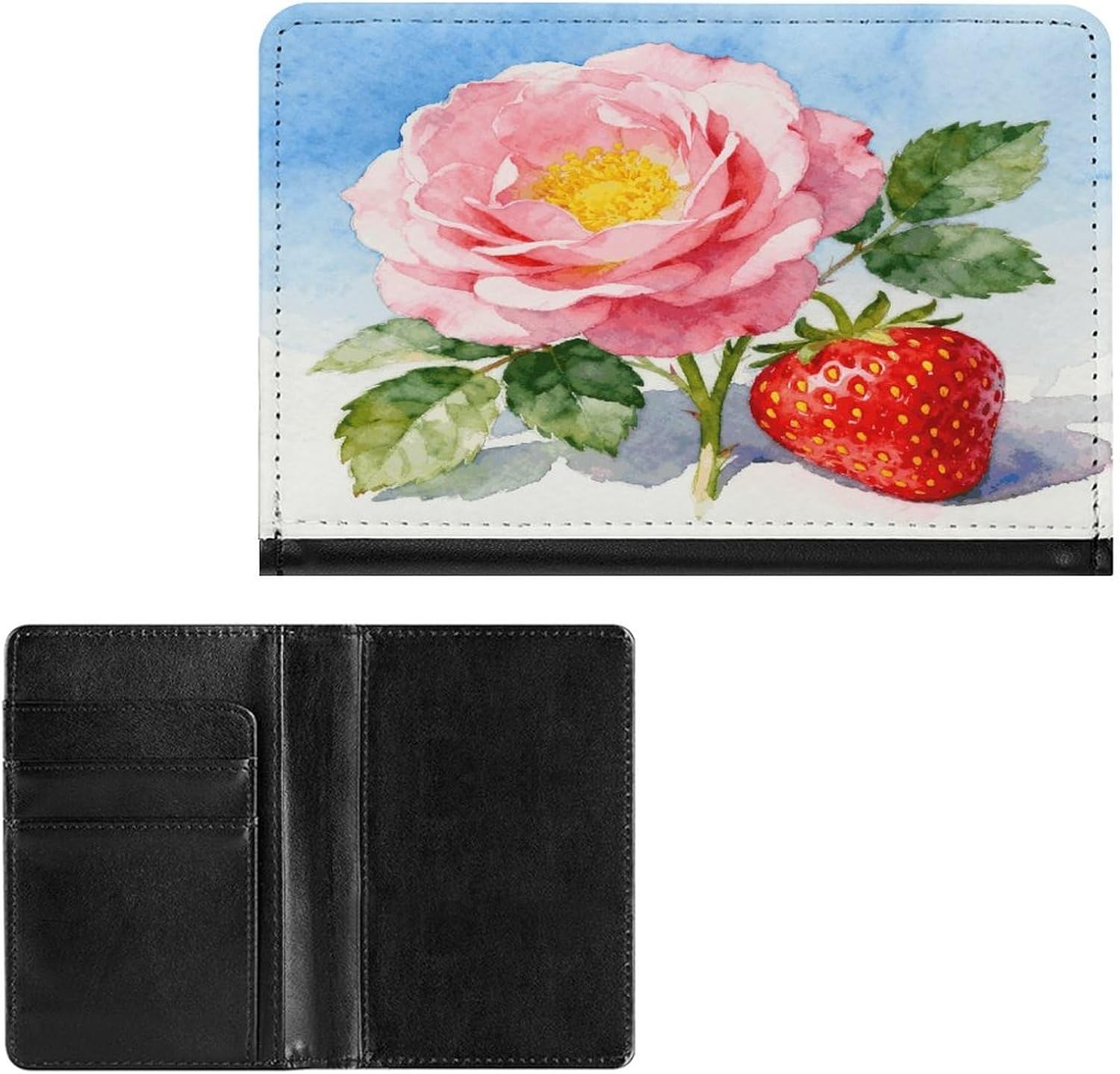 Personalized Flowers And Strawberries Passport Holder Waterproof Passport Protector for Travel Essentials Classic Passport Wallet with Slots PU Leather Passport Cover Holder