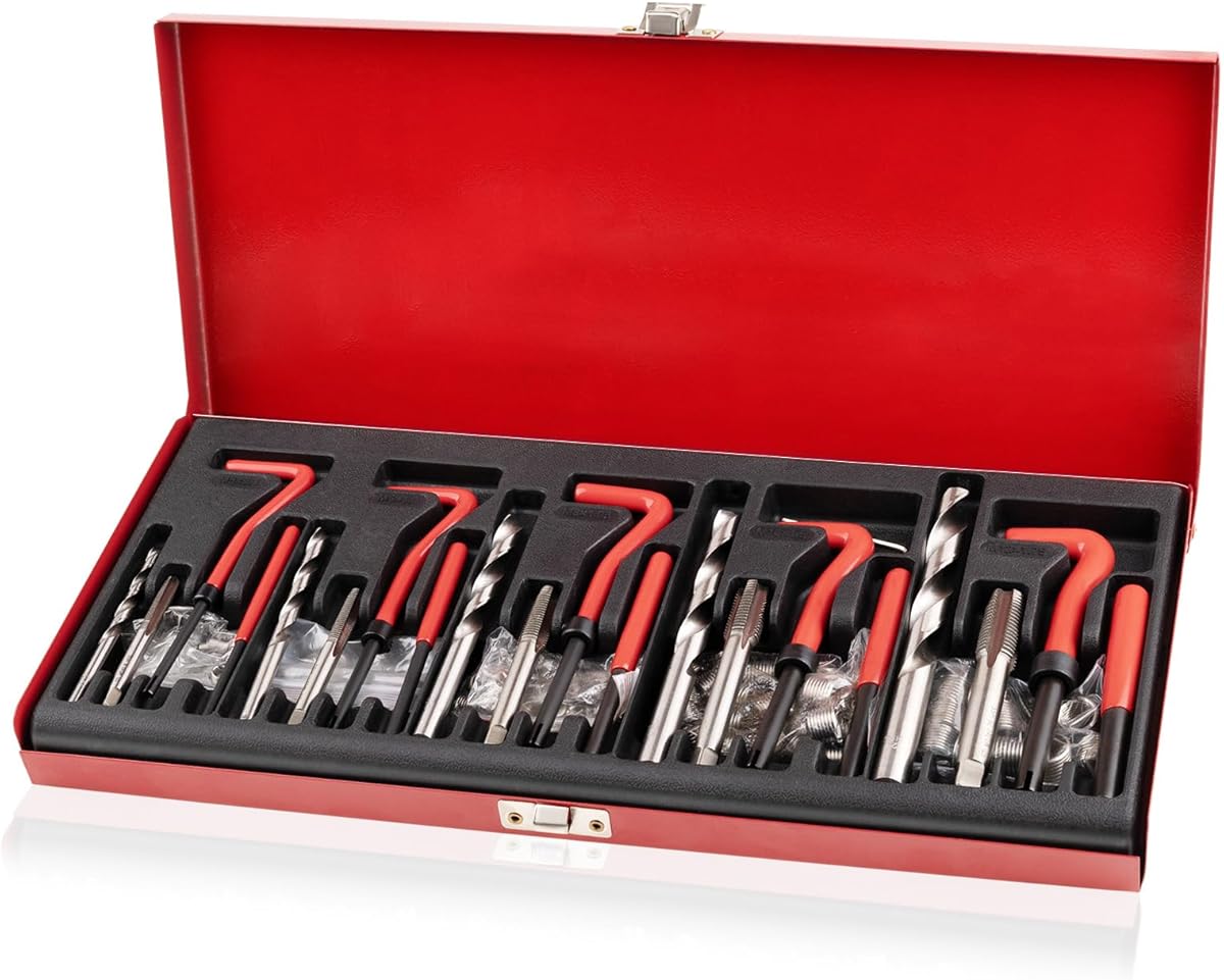 Premium 131-Piece Metric Helicoil Thread Repair Kit, Comprehensive HSS Drills, Inserts, Taps, and Tools for M5, M6, M8, M10, M12, Ideal for Automotive and Engine Repairs
