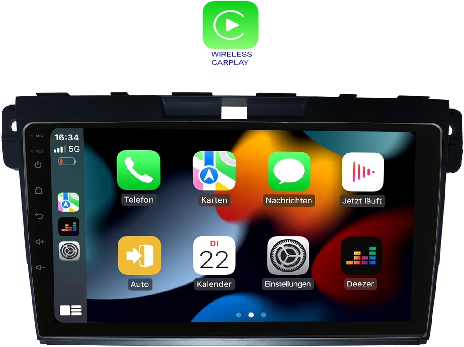 Screenshot of the TAFFIO head unit displaying the Apple CarPlay interface with icons for Phone, Maps, Messages, Now Playing, Auto, Calendar, Settings, and Deezer.