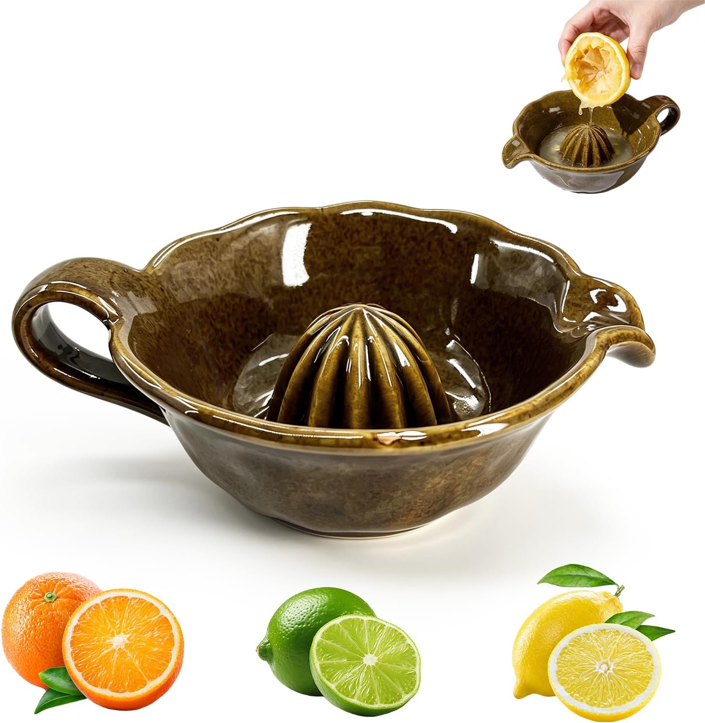 Ceramic Lemon Juicer, Manual Citrus Squeezer Bowl, 6.7×5×2in (Yellow)