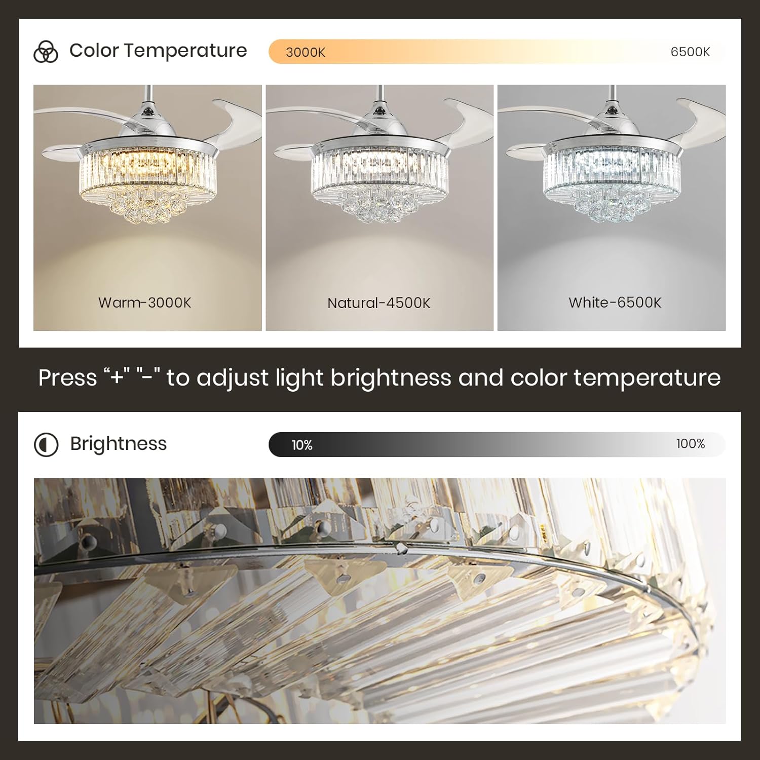 Crystal Dimmable Fandelier, Invisible Retractable Ceiling Fans with Light and Remote Control, 6 Speeds Reversible LED Chandelier Fan Kit for Living Room, Bedroom-Polished Chrome 36 Inches