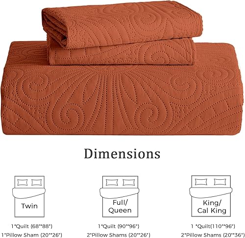 Miniatura 6 de WURUIBO Juego de edredón tamaño matrimonialqueen, color naranja quemado, colcha ultrasónica en relieve, colcha de microfibra ligera, juego de ropa