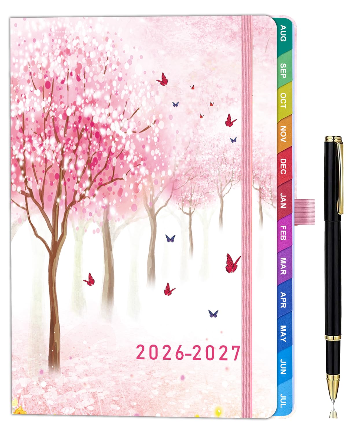 Academic Diary 2026-2027 Week to View A5, Aug 2026 - July 2027, Hardcover, Weekly & Monthly Planner with Colorful Tabs, Notes, Pen Set, Back Pocket - Sakura Pink