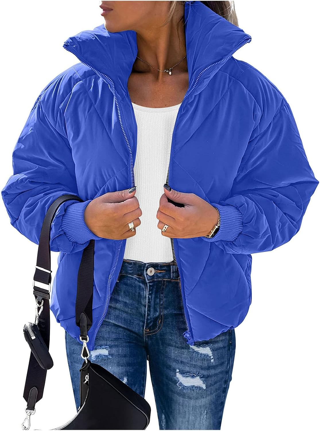 Cropped Puffer Coat for Women Winter Stand Collar Zip Up Quilted Jacket Lightweight Long Sleeve Puffy Coats Outwear