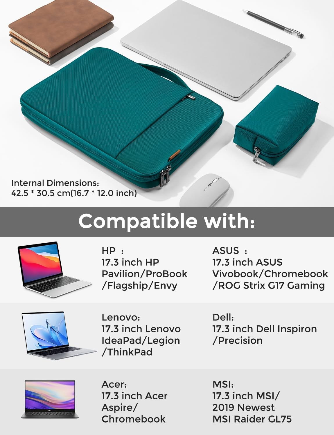 DOMISO 17.3 inch Laptop Sleeve Case Water Resistant Shockproof Protective Computer Bag for 17.3" Notebook/HP Pavilion Envy 17/Del/IdeaPad/LG Gram/MSI with Accesory Bag,Turquoise - Image 2