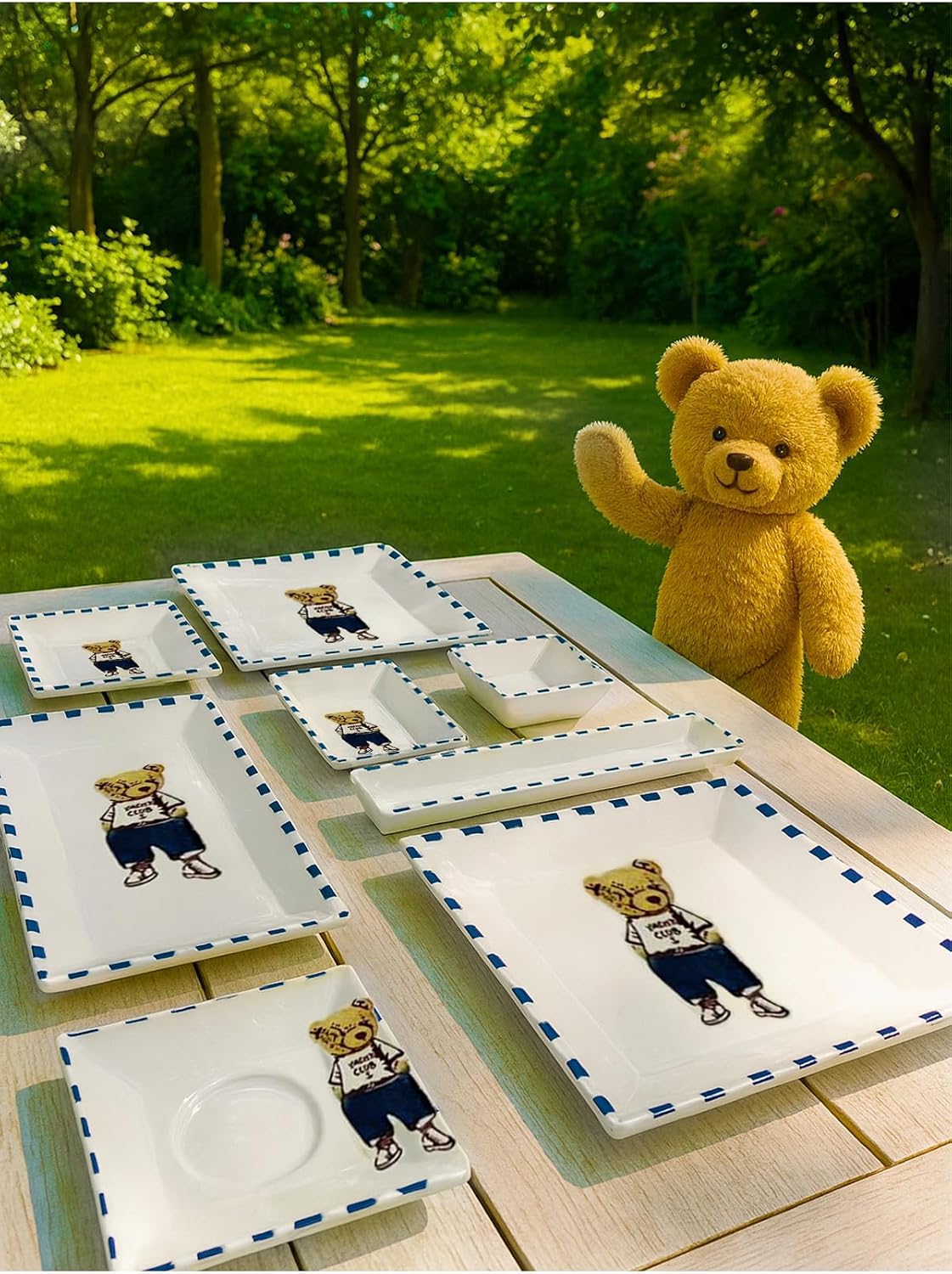 Breakfast Set 22 Piece Ceramic Teddy Bear Design for 6 People Handmade Serving Plates Tea Plates Multicolor - Multicolor, One Size
