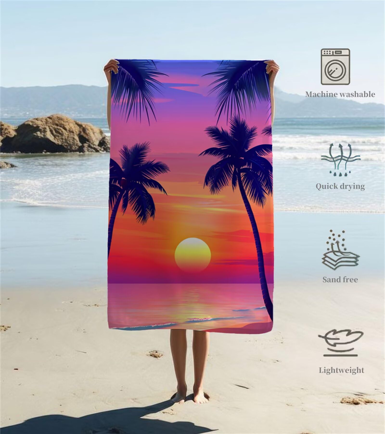 Strandtuch Sommersonnenaufgang Mikrofaser Handtuch Groß 220 x 100 cm, Saunahandtuch Schnell Trocknendes, Sandfreie Stranddecke, Saugfähiges Badetuch, Platzsparende Reisehandtuch, Sauna Zubehör Y1-811