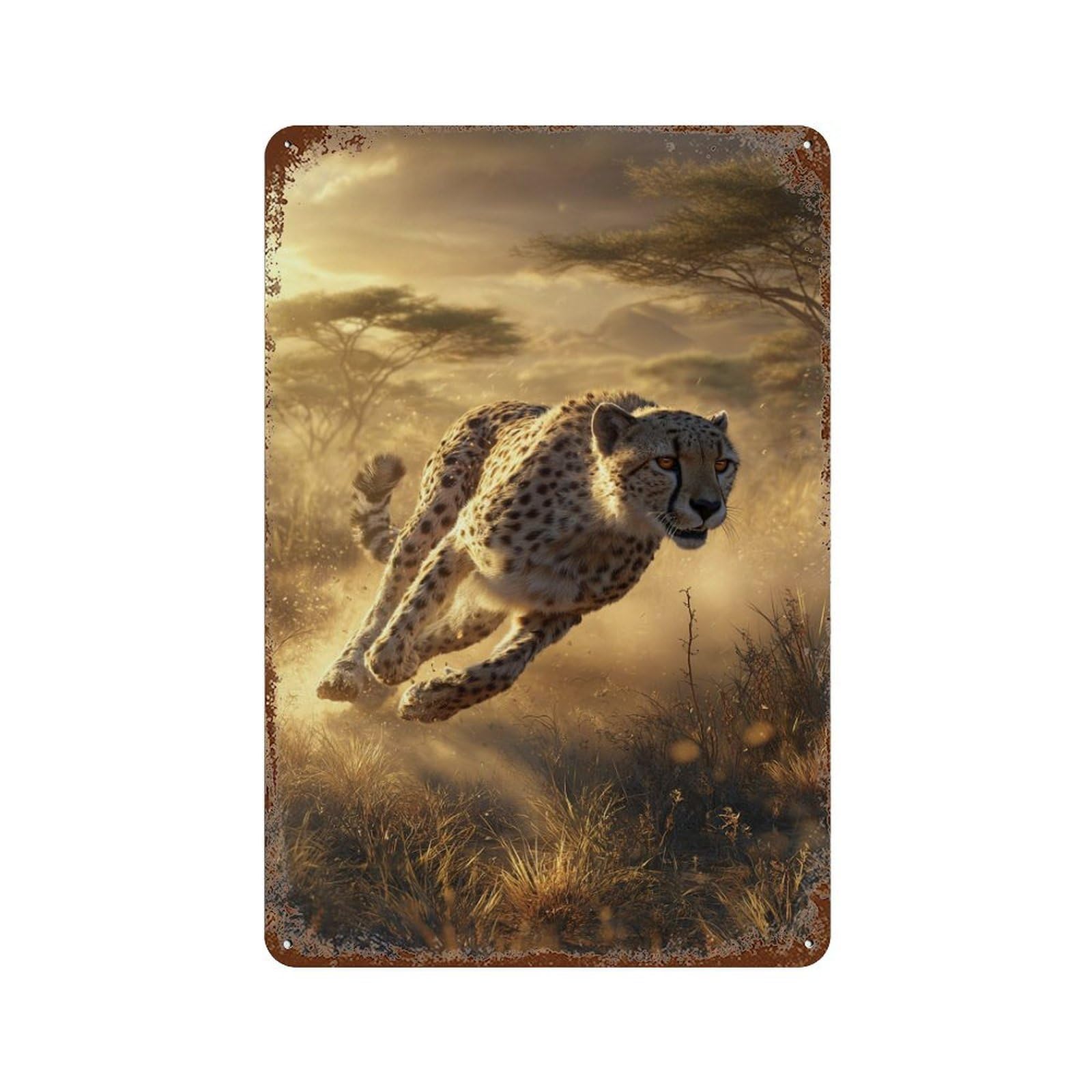 Cheetah Running in Savannah -1 11.8"x7.9" Aged Metal Wall Plaque, Vintage Wall Decor for Basement, Hobby Room And Garage Decor