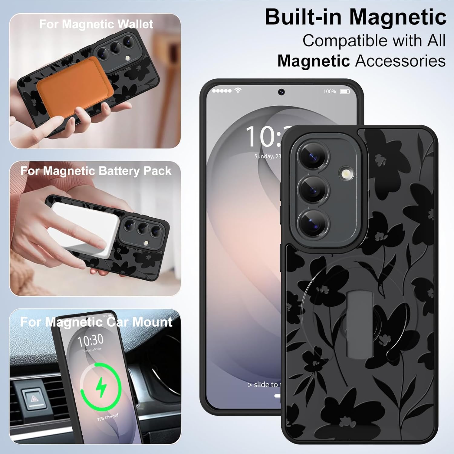 Magnetic Case for Samsung Galaxy S26 with Finger Hand Strap Kickstand [Compatible with Magsafe] Cute Aesthetic Floral Flower for Women Men, Full Camera Protection Shockproof Cover, Black