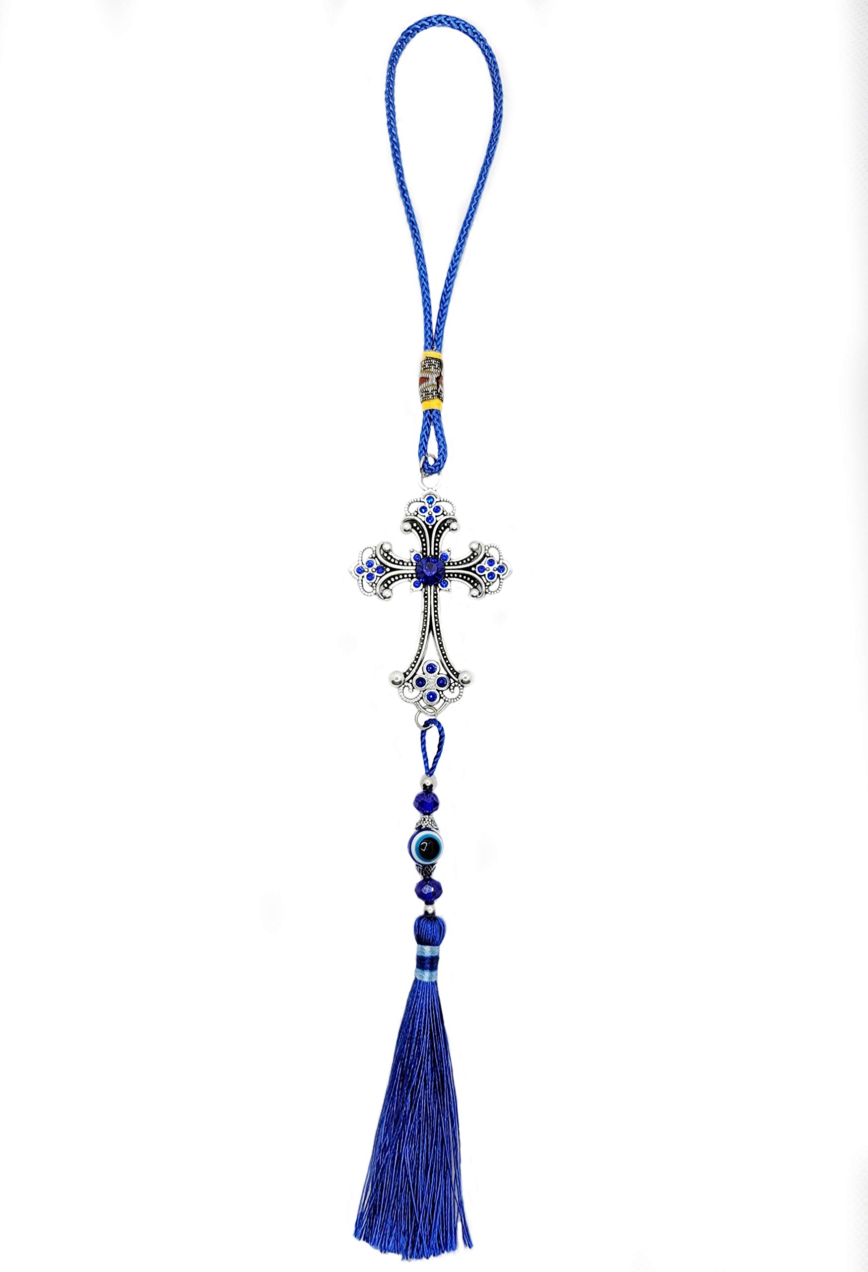 LUCKBOOSTIUMEvil Evil Eye & Cross Charm Hanging Ornament w/Center Blue Crystal and Tassels Sign for Good Luck Health & Spiritual Protection Home Bag & Car Rear View Mirror Hanging Accessories