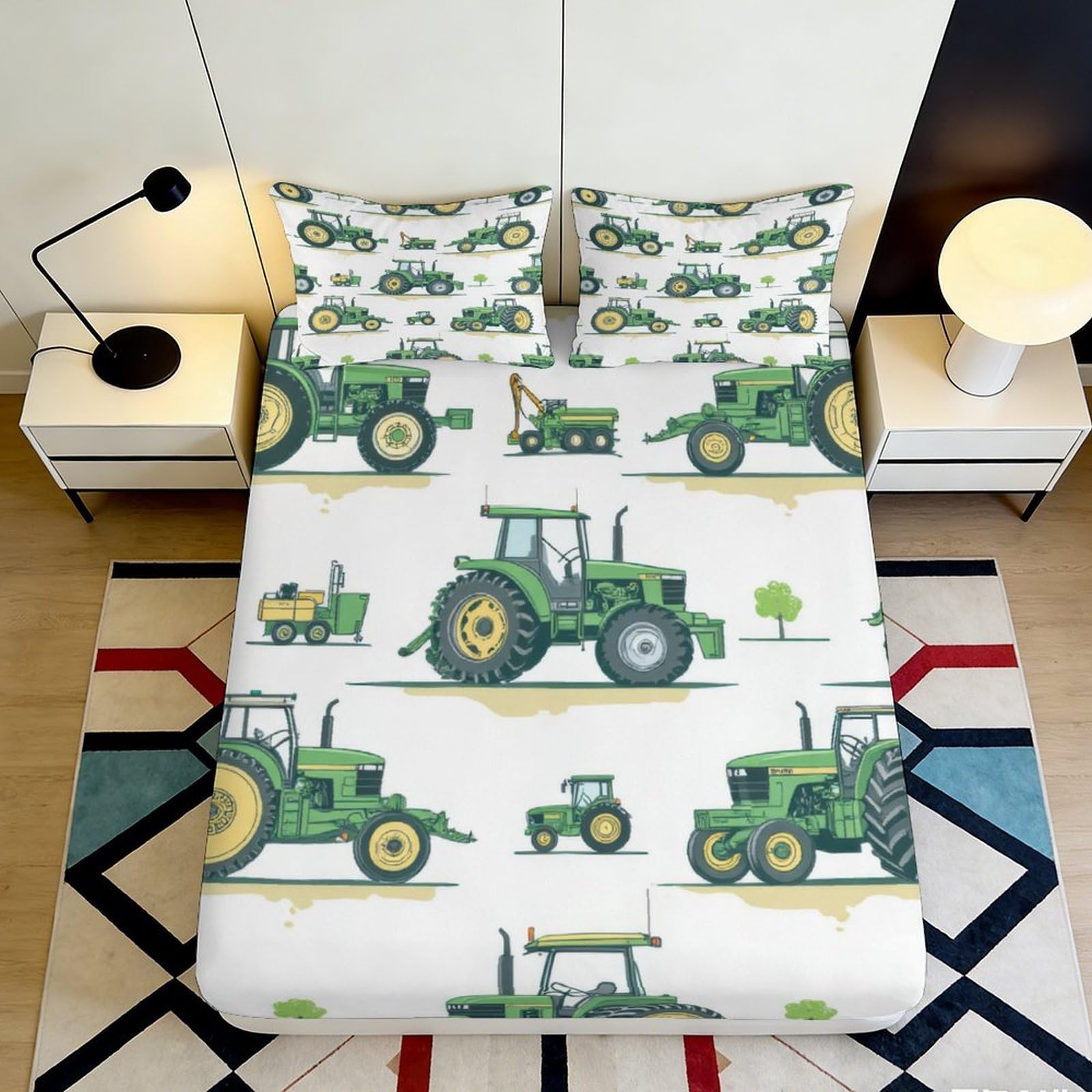 Zfldkwgb Style-3 3D Printed Green Tractor Fitted Sheet Microfiber Soft Farm Vehicle Mattress Cover For Bedroom Guestroom Dorm Decor 90X200x25cm