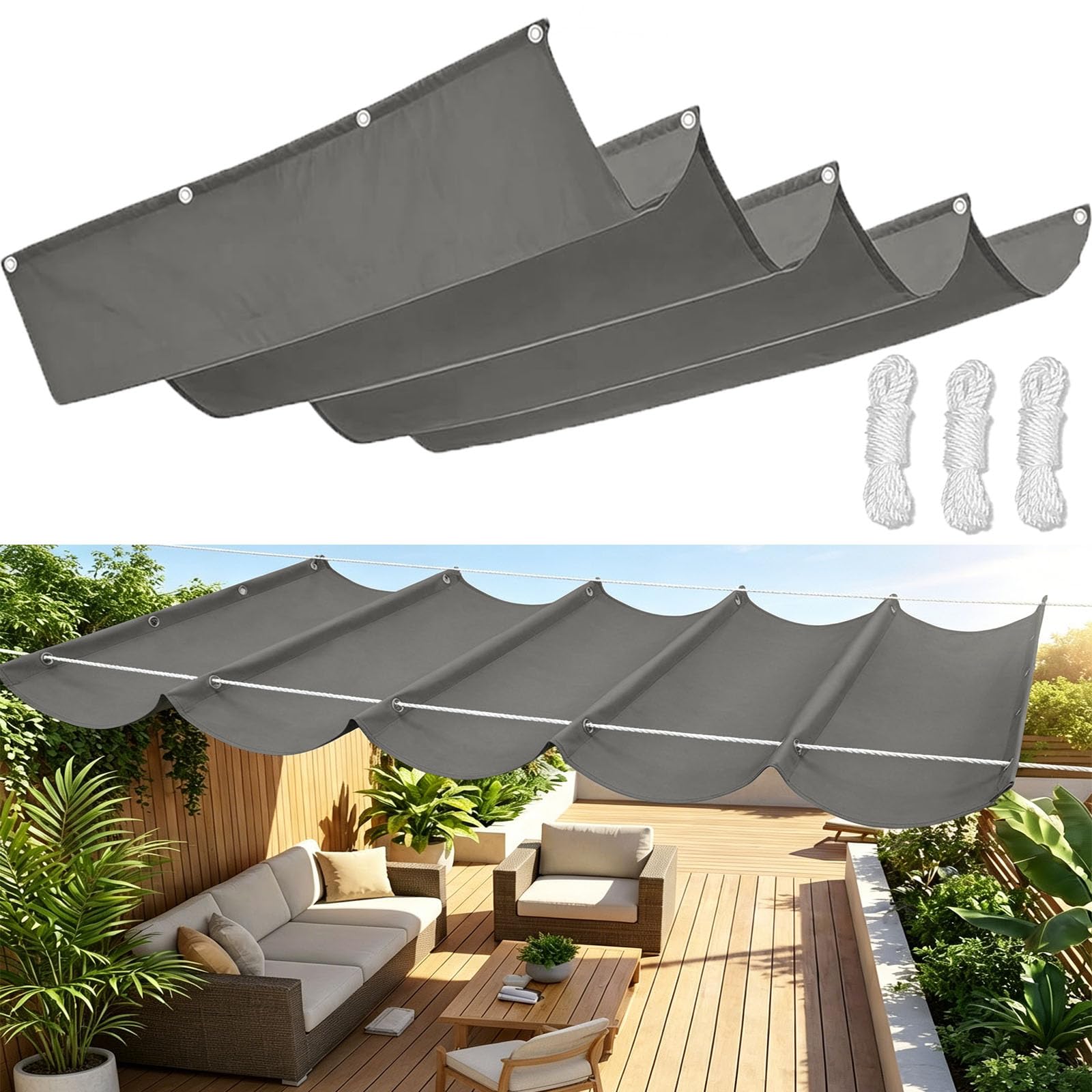 Retractable Wave Sun Shade Sail, Waterproof Sunscreen Awning Canopy UV Rays Blocking, Shade Sails for Garden Patio Pool Yard Party with Free Rope-Dark Gray||100x400cm