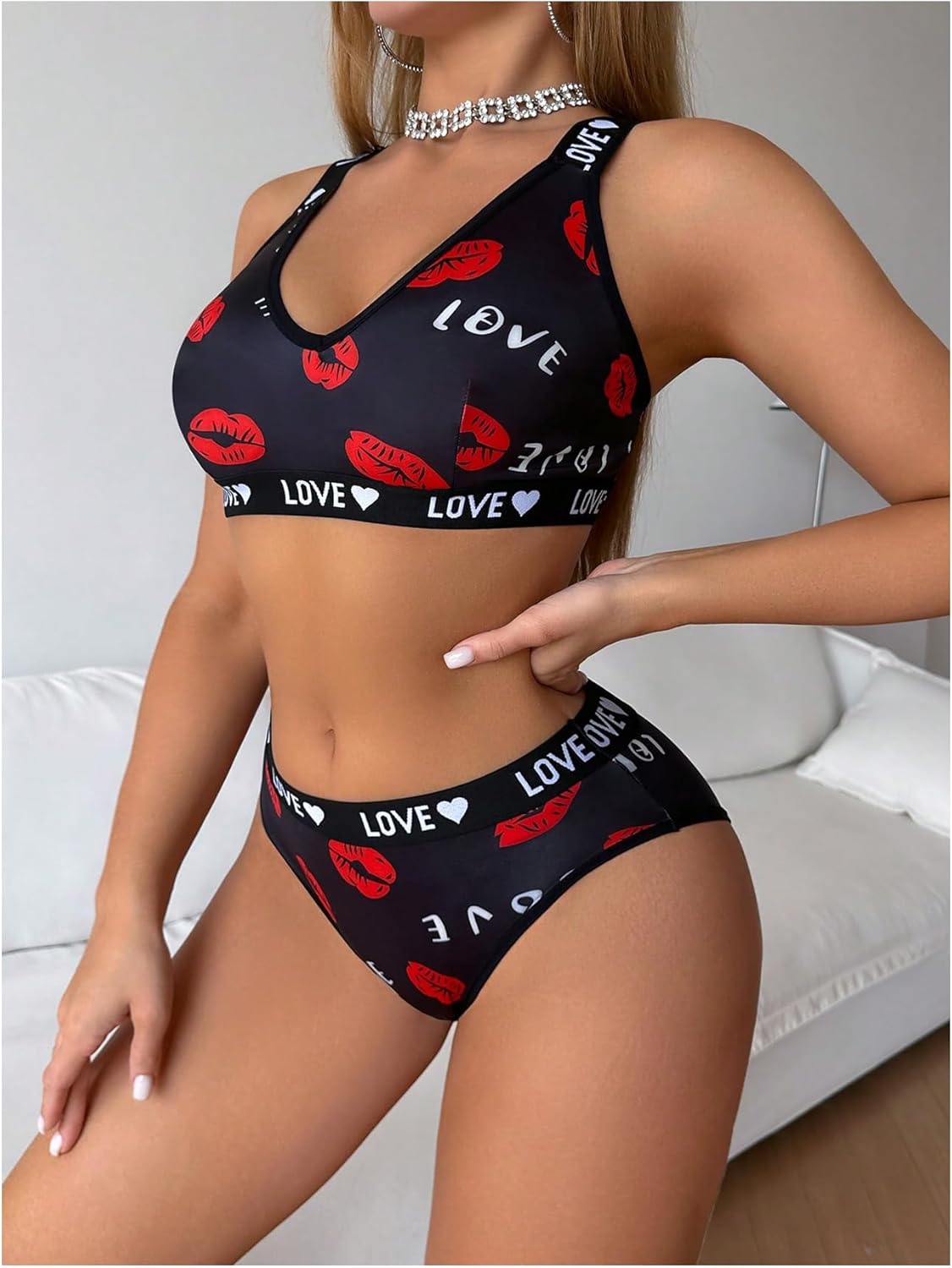 Condition photo showing New/Like New for (Medium) SOLY HUX Women's Lingerie Set Lips Letter Print Matching Bra and Panty Underwear Sets Small Black Lips