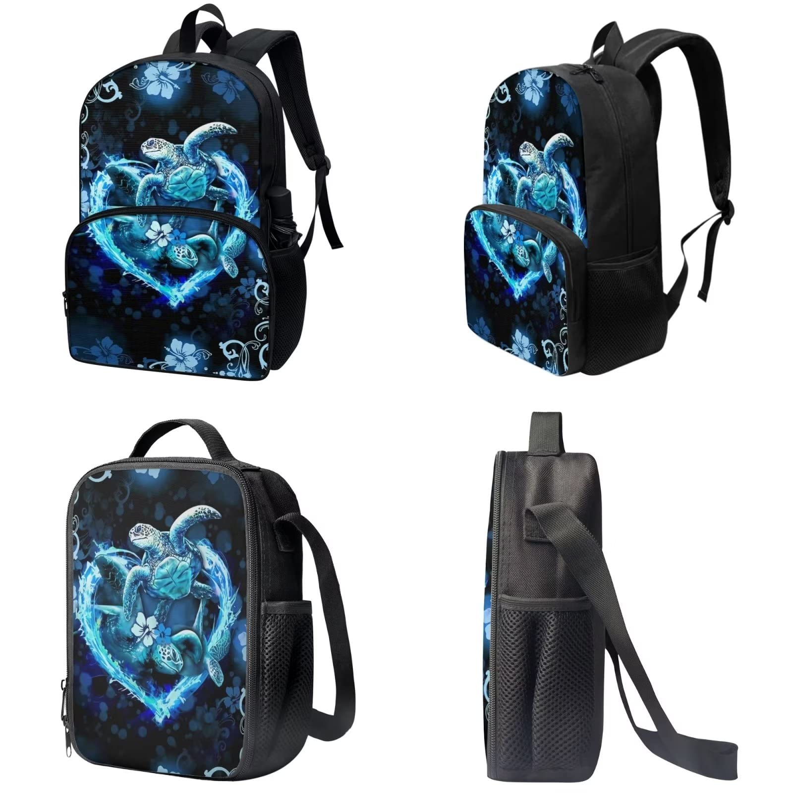 Poceacles Schultasche und Lunchbox-Set für Teenager, Jungen, Grundschule, Büchertasche, Federmäppchen für Grundschulkinder, Schildkröte Hibiskusblüte, Einheitsgröße