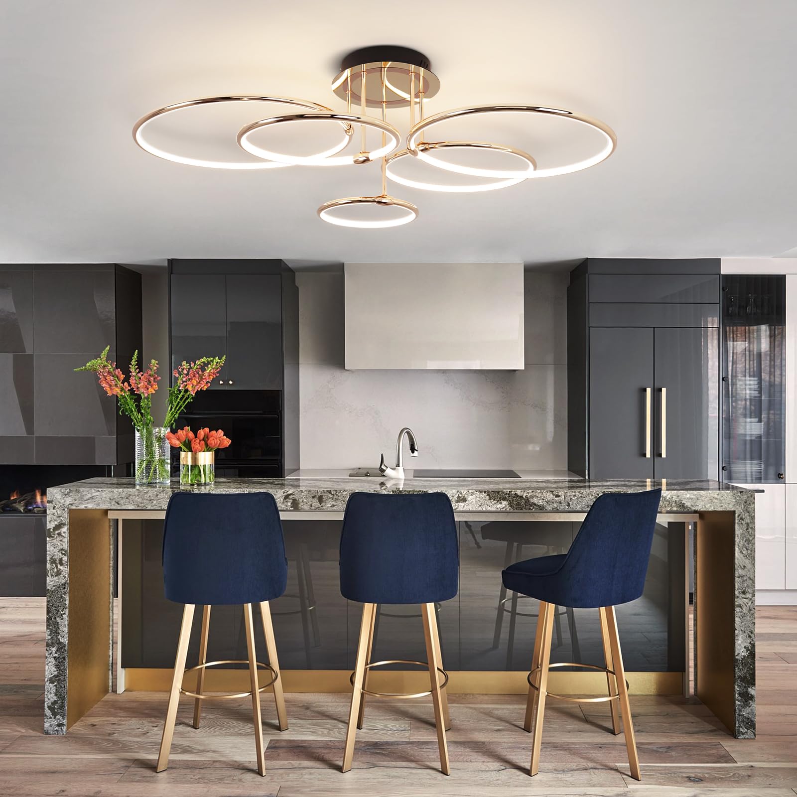 LED Deckenleuchte Modern Design Deckenlampen Gold 5-Ring Lampen Dimmbar Wohnzimmerlampe mit Fernbedienung, Aluminium Led Beleuchtung für Wohnzimmer Schlafzimmer Küche Esszimmer Büro 93cm, 108W…