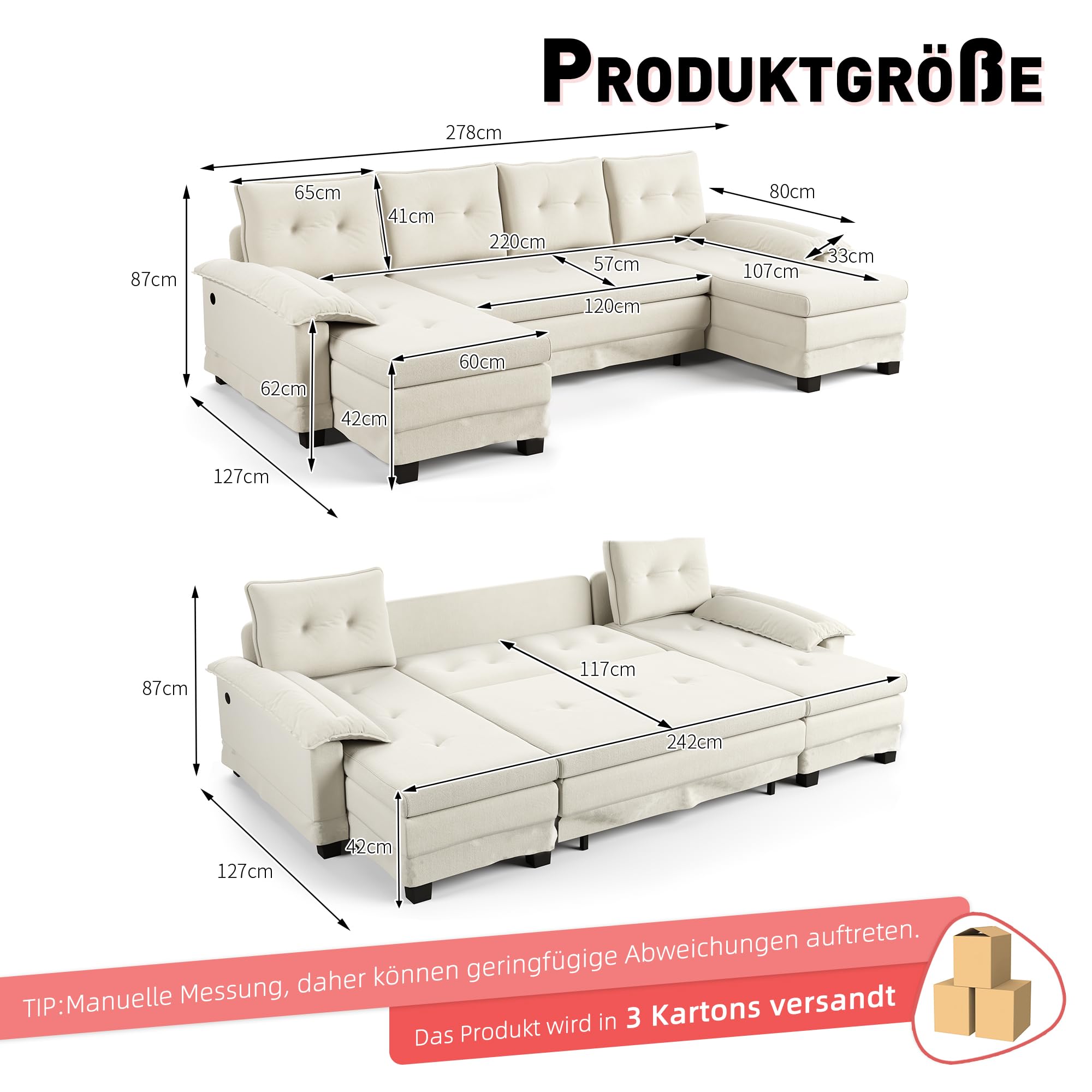 Zepneiy Canapé modulable en U 278 cm, Canapé-lit Multifonction 2 en 1 avec lit gigogne et Ports USB, Canapé 5 Places Moderne avec accoudoirs Amovibles, Convient aux Salons et aux Bureaux, Beige